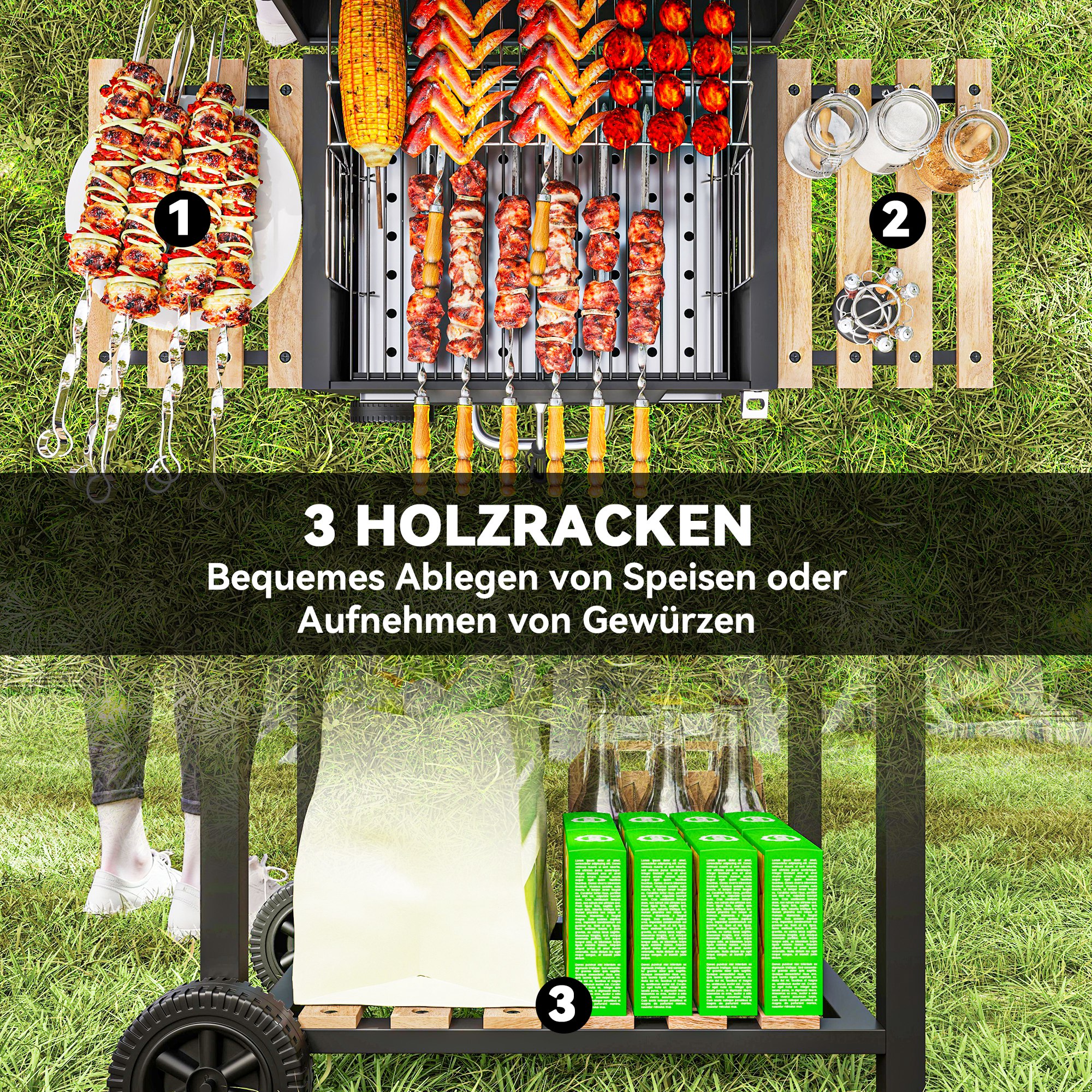 Holzkohlegrill, höhenverstellbare Kohlenpfanne, Grillwagen, Regale, Thermometer, Flaschenöffner, Stahl, Holz, Schwarz