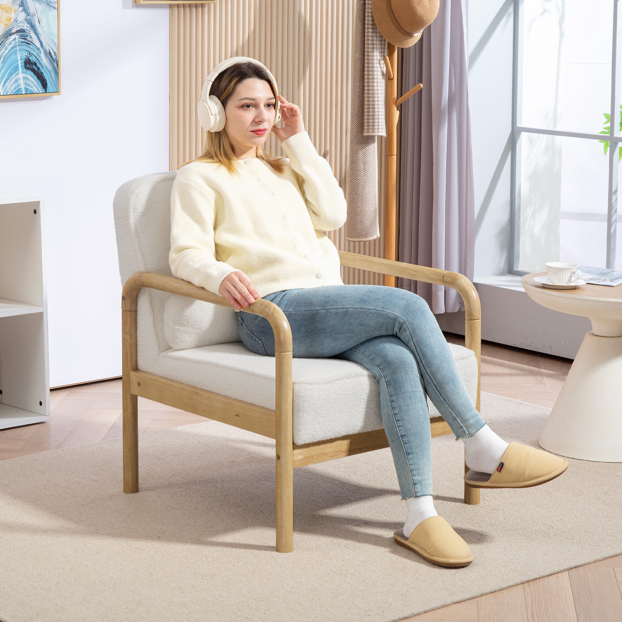 Akzentstuhl, Polsterstuhl mit Stoffbezug, Kautschukholzrahmen, Moderner Stuhl mit Kissen, Weiß