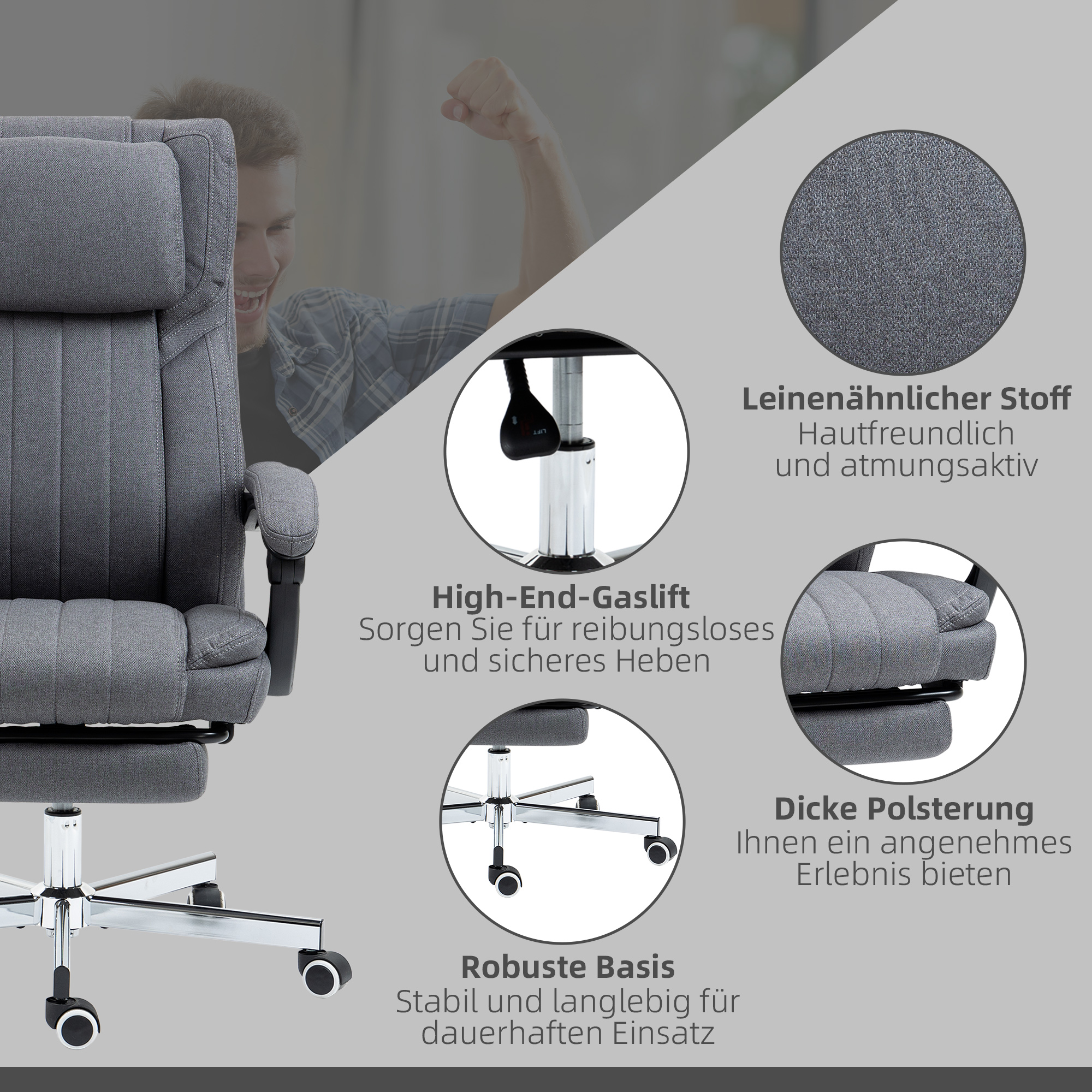 Bürostuhl mit Massagefunktion, neigbare Rücklehne, ausziehbare Fußstütze, Leinenoptik, grau, 65 x 61 x 113 cm