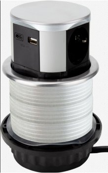 Schreibtisch-Einbausteckdose 3x +USB A+C / versenkbar, Edelstahl-Ausführung, rund