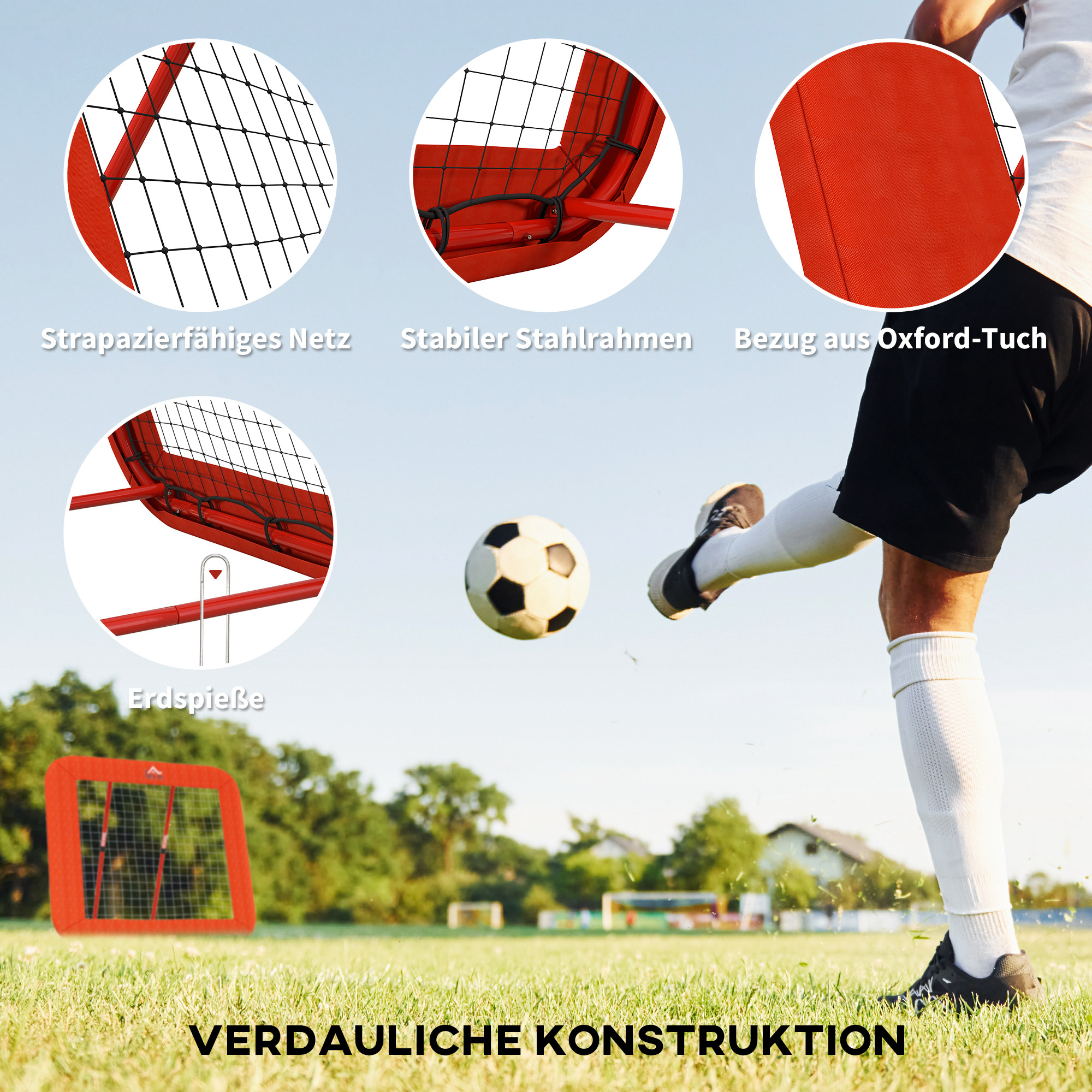 Fußball-Rückprallnetz, verstellbar, faltbar, Metallrahmen, Allwetter-PE-Netz, inkl. Heringe, Rot