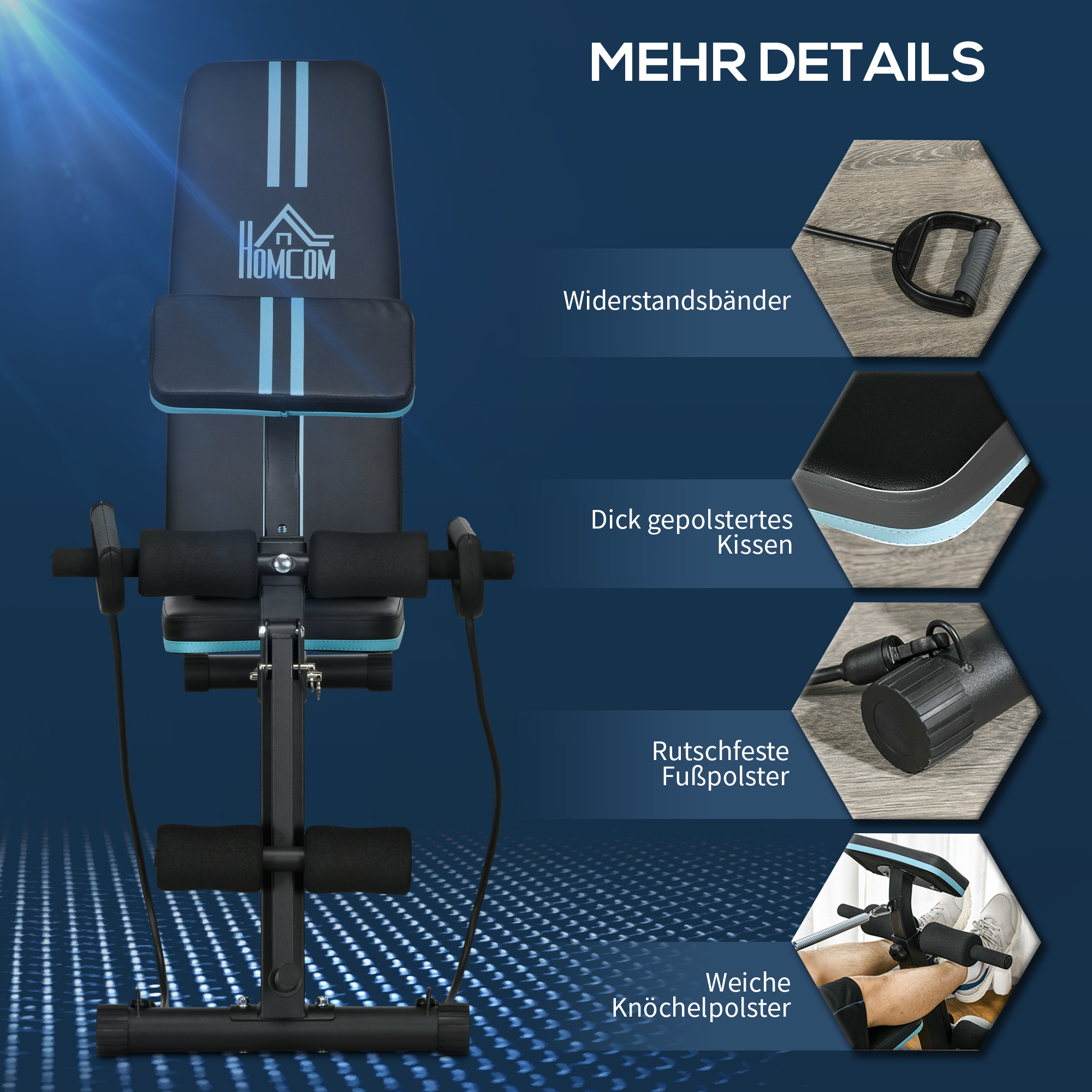 Hantelbank, Klappbar Trainingsbank mit 7-fach verstellbarer Rückenlehne, Fitnessbank bis 120 kg belastbar, Blau