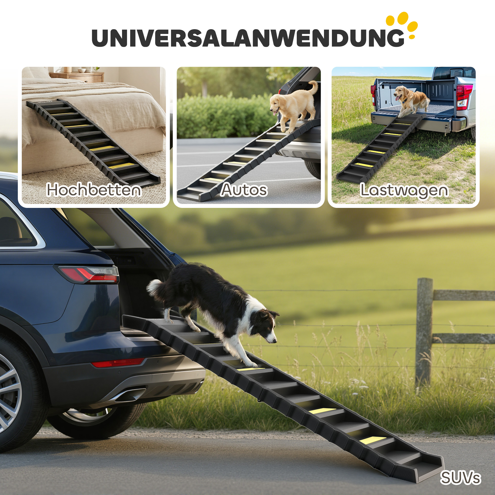 Hunderampe klappbar Hundetreppe Auto & SUV rutschfest Hundeautorampe für Große Tiere bis 25 kg 154x40cm Schwarz