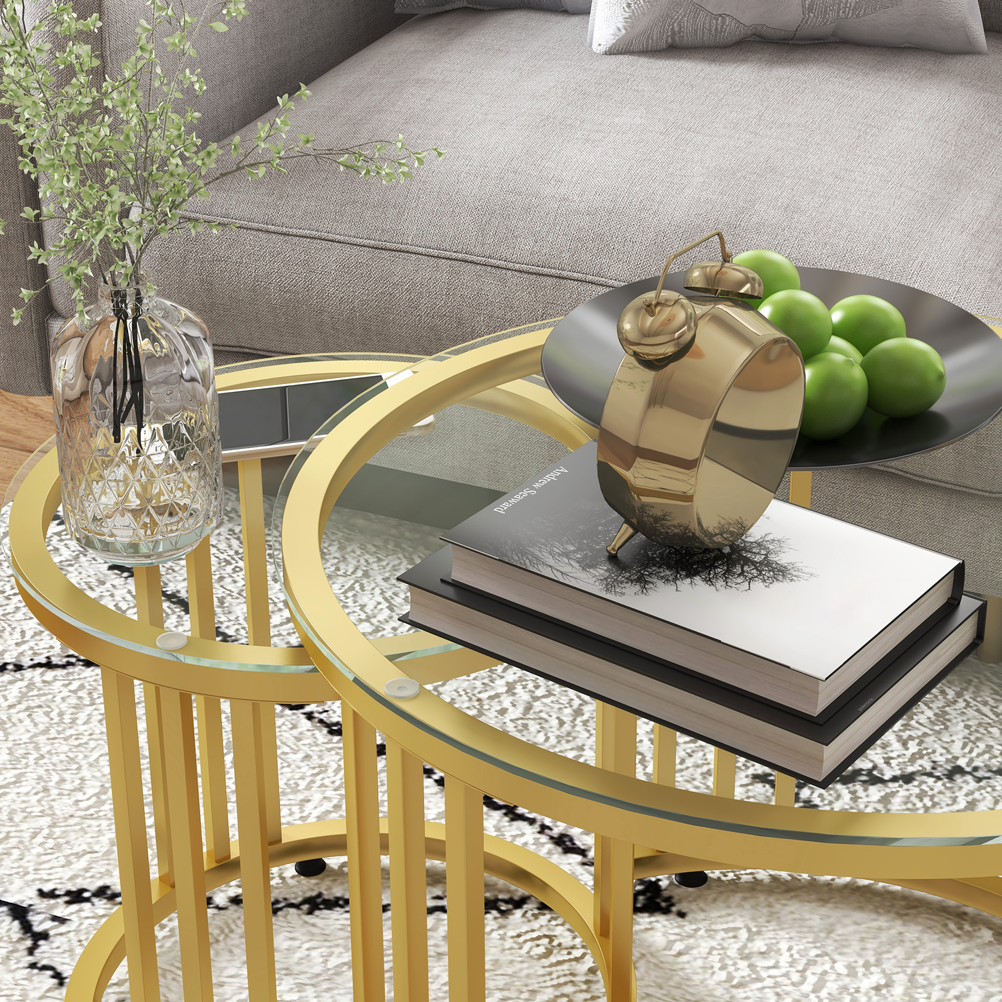 Beistelltisch-Set, 2 Satztische, Karbonstahl, Glasplatte, Ø60x47/Ø40x42 cm, Gold