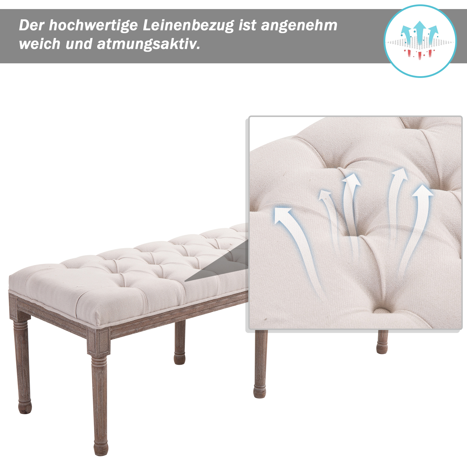 Polsterbank Sitzbank Lounge Sitzhocker Vintage Retro mit Knöpfen Leinen + Holz beige 142 x 47 x 51 cm