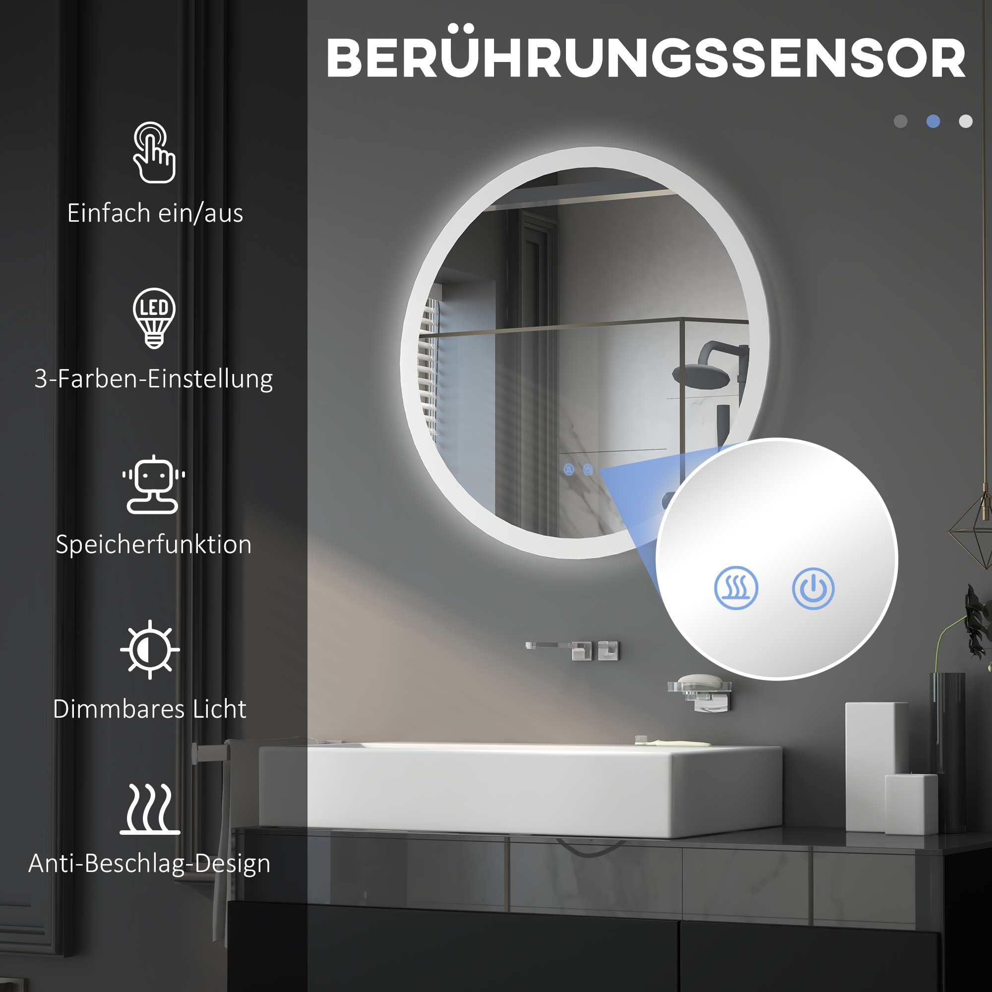 Badezimmerspiegel Badspiegel mit LED-Licht Berührungssensor Antibeschlagfunktion