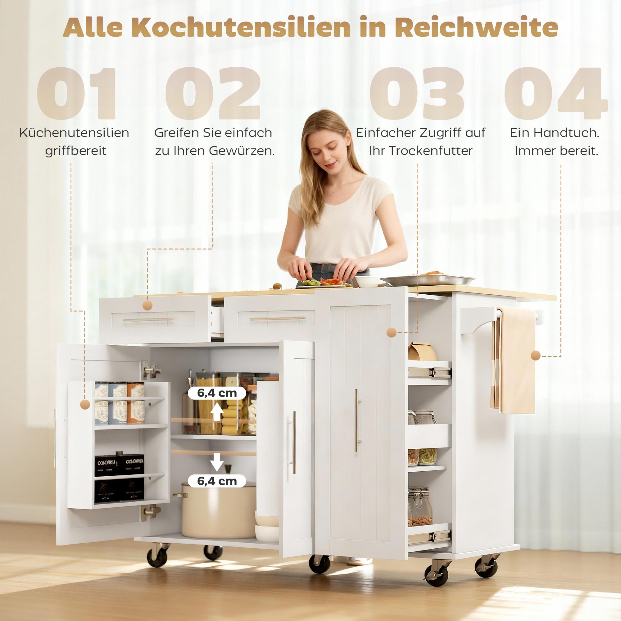 Fahrbare Kücheninsel, erweiterbare Oberfläche, Schranktüren, Schubladen, Handtuchhalter, Küchenwagen aus MDF, Weiß