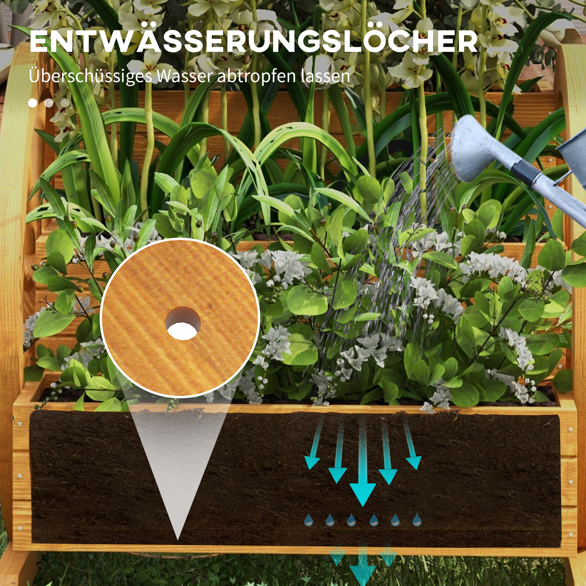 Hochbeet, 3 Etagen, Wagenrad-Dekor, Naturholz, 62 x 61 x 57 cm