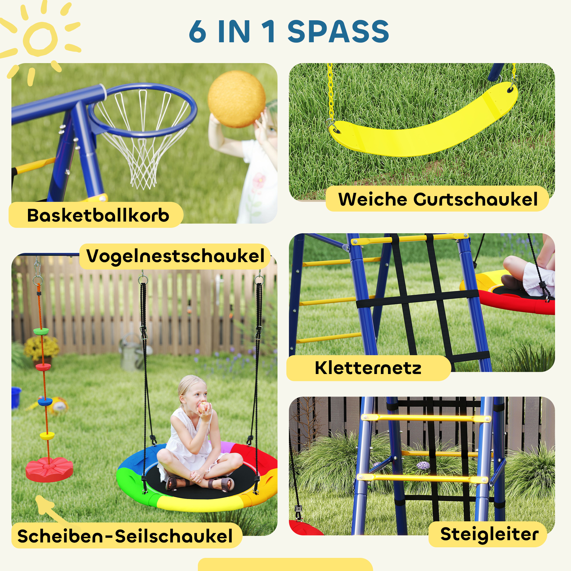 Kinderschaukel-Set, Stahl, 3-8 Jahre, 6-in-1-Design, Bunt