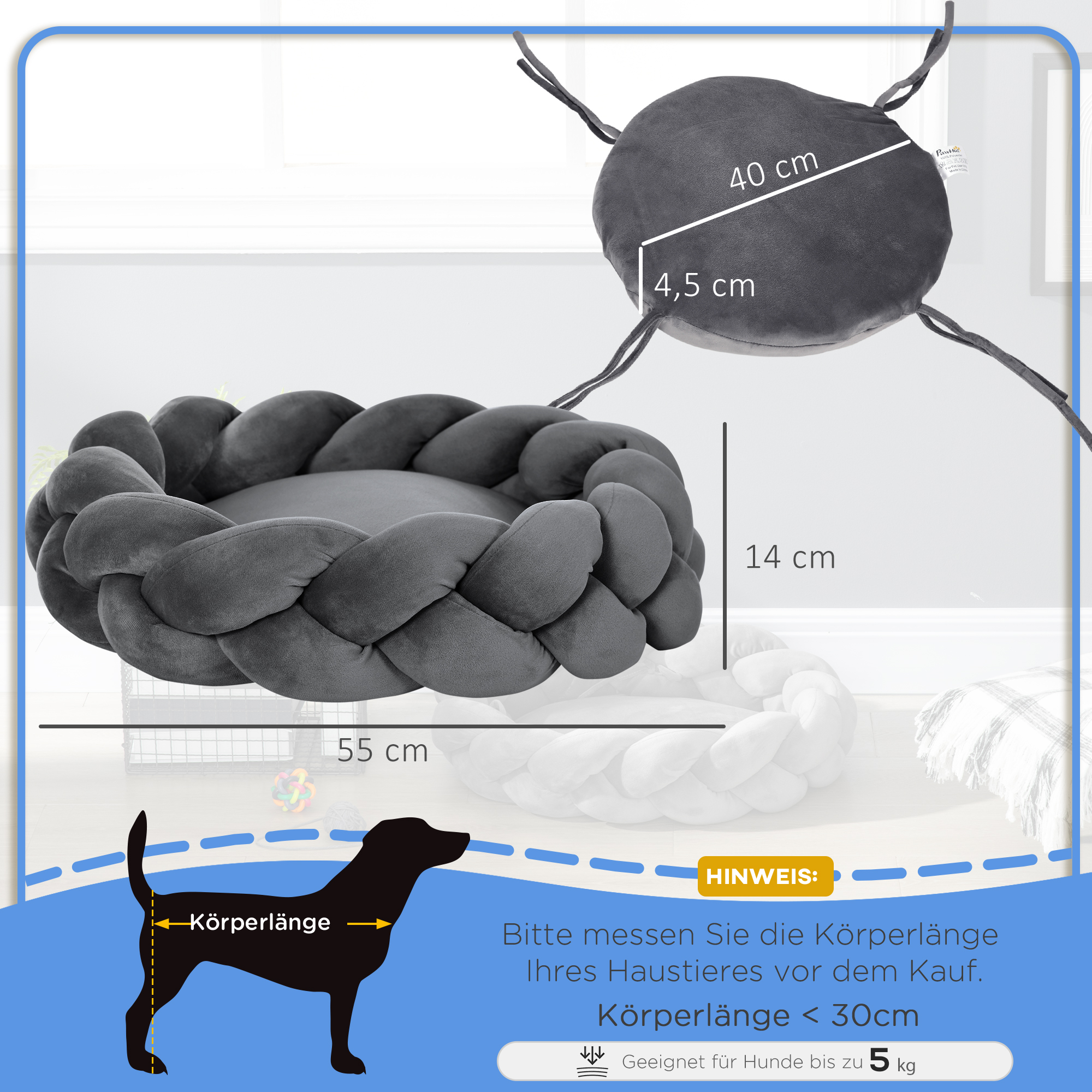 Haustierbett inkl, Kissen, Katzenbett, Hundekorb, waschbar, 55 cm x 55 cm x 14 cm, Grau