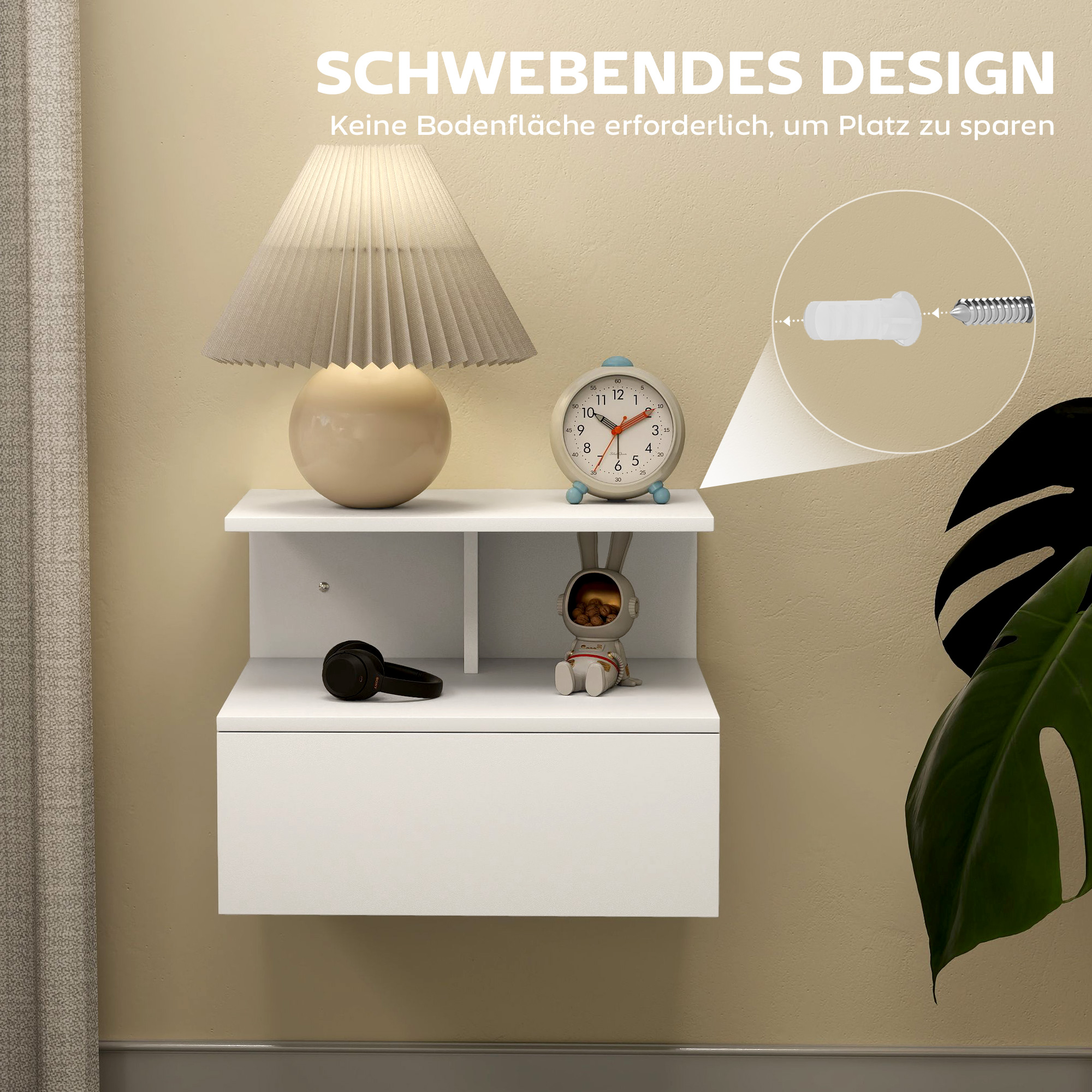 Nachttisch hängend Beistelltisch mit Schublade, offenes Fach Weiß, 39,8 x 35 x 31,6 cm