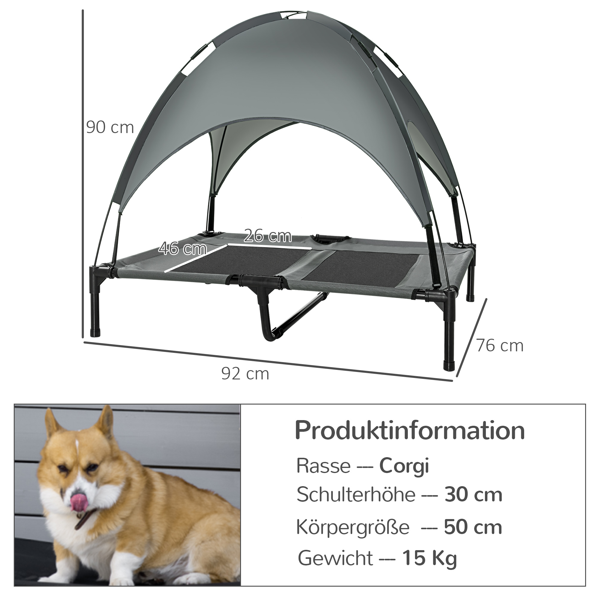 Erhöhtes Hundebett mit Baldachin, Haustierbett, Hundeliege outdoor mit Dach, Atmungsaktiv, Taftstoff für Camping Grau 92 x 76 x 90 cm