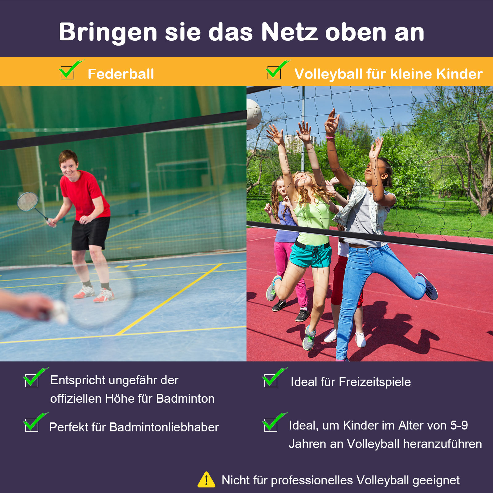 Badmintonnetz 2-Fach-höhenverstellbar Volleyballnetz Tennisnetz Transporttasche 94/158cm Schwarz+Grün