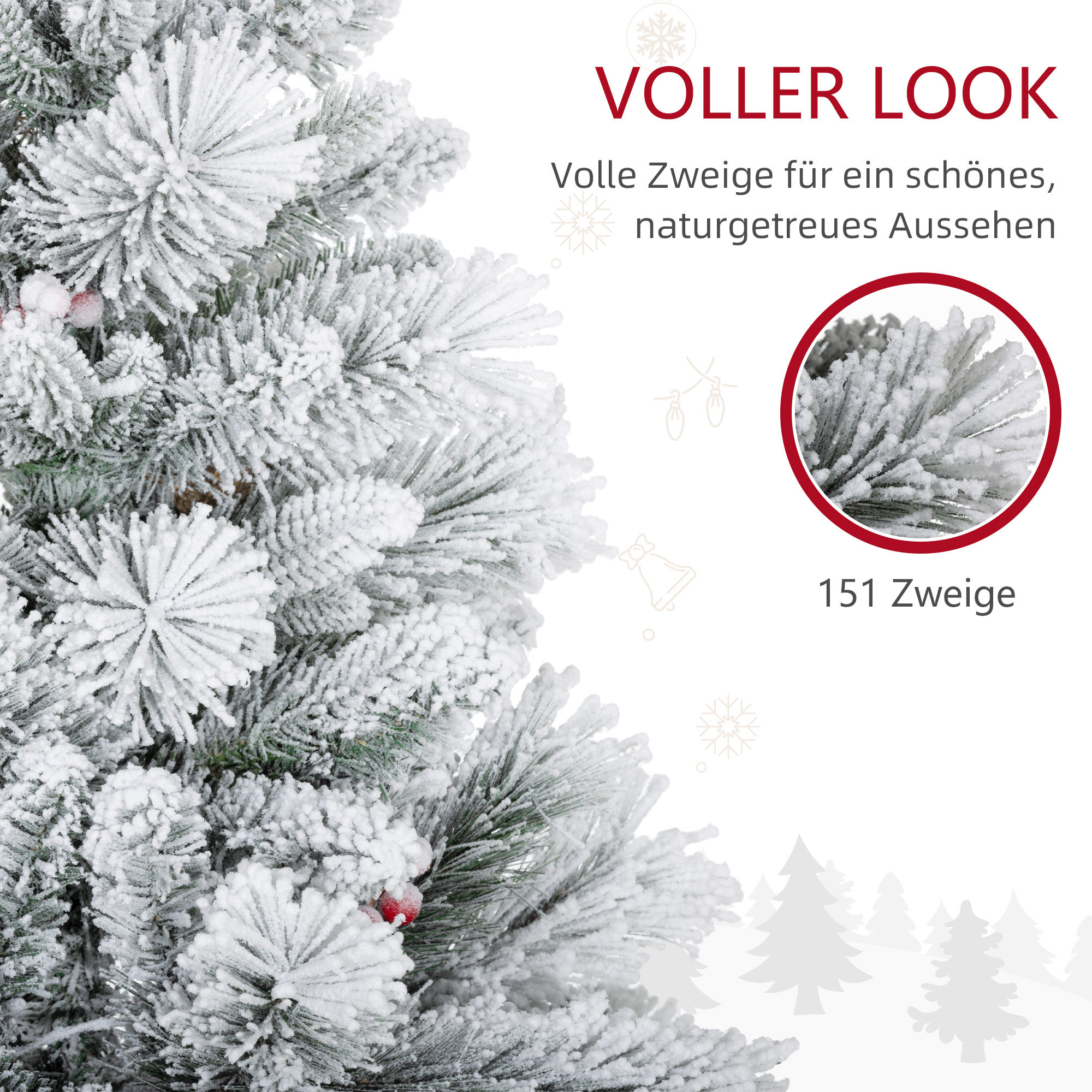 Weihnachtsbaum mit LED-Beleuchtung, 2er-Set, 107 cm, Tannenzapfen, rote Beeren, feuersicher, Grün/Weiß