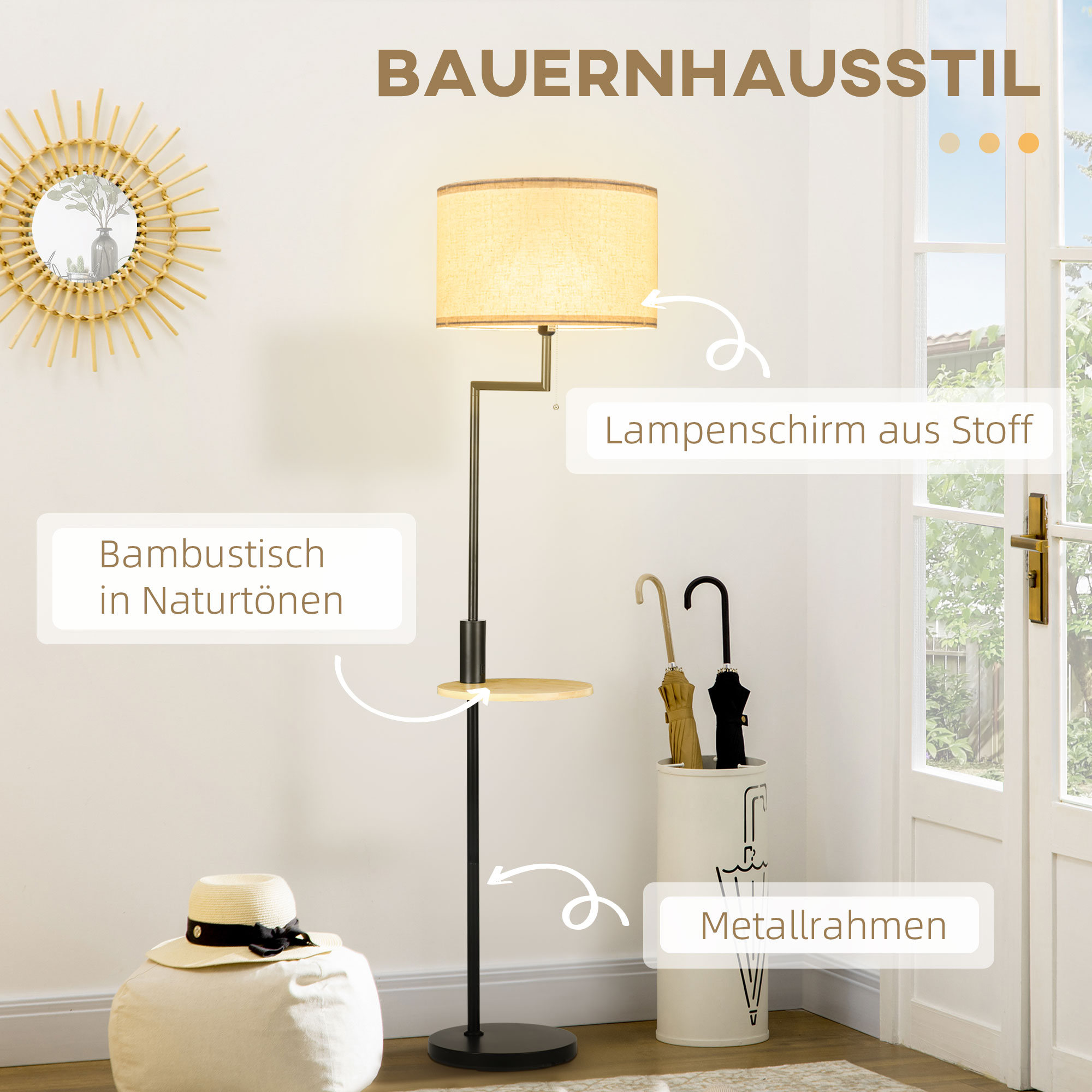 Stehleuchte inkl. Regal, Standleuchte, Kettenzug, E 27, 40 W, Bambus, Natur + Schwarz