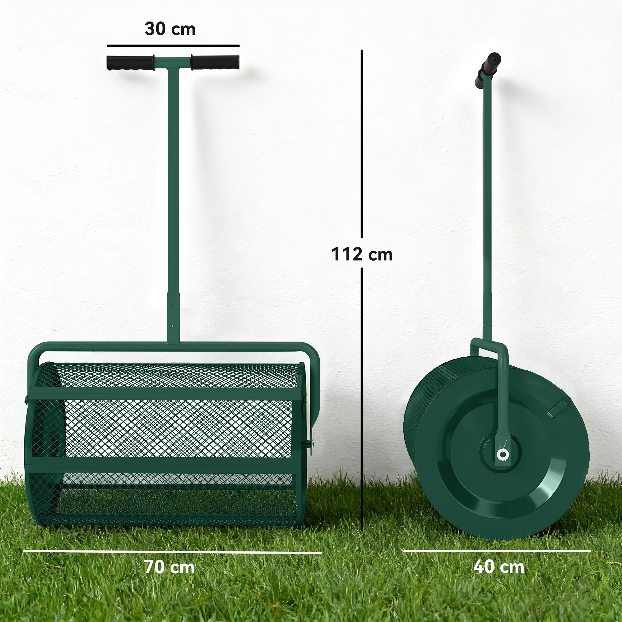 Kompoststreuer 75L 61x40cm Düngerstreuer Rasen Garten mit T-Griff Mesh-Korb Metall Grün