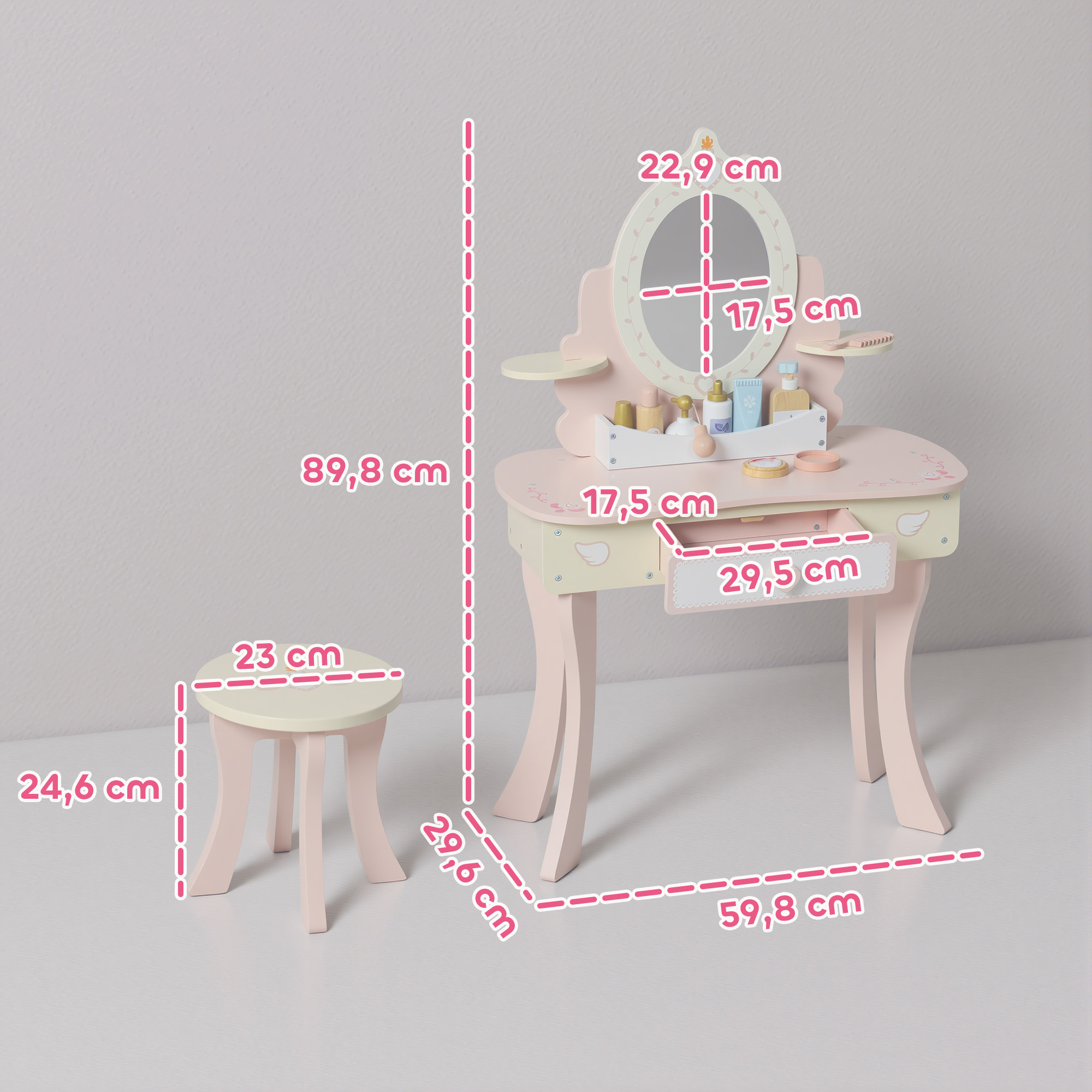 Kinderschminktisch, Stuhl, Schublade, abnehmbarer Spiegel, Kinderschreibtisch mit 7 Zubehörteilen, 2-in-1 Design, MDF, Rosa