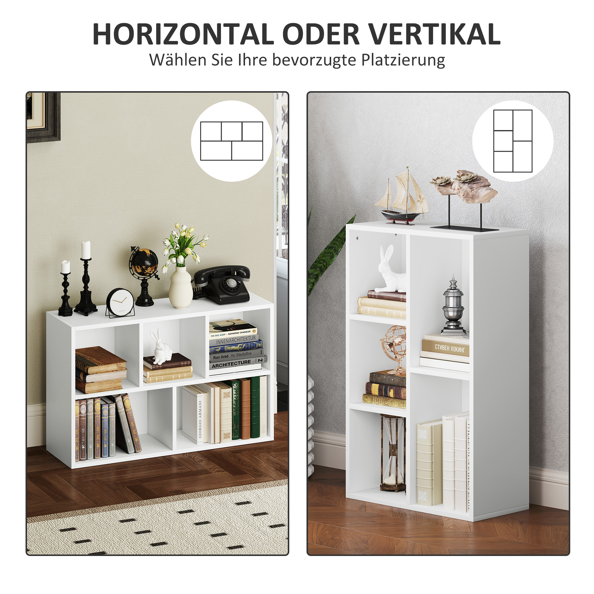 2-Ebenen-Bücherregal, 5 Fächer, Spanplatte, Aufbewahrungsregal, Weiß