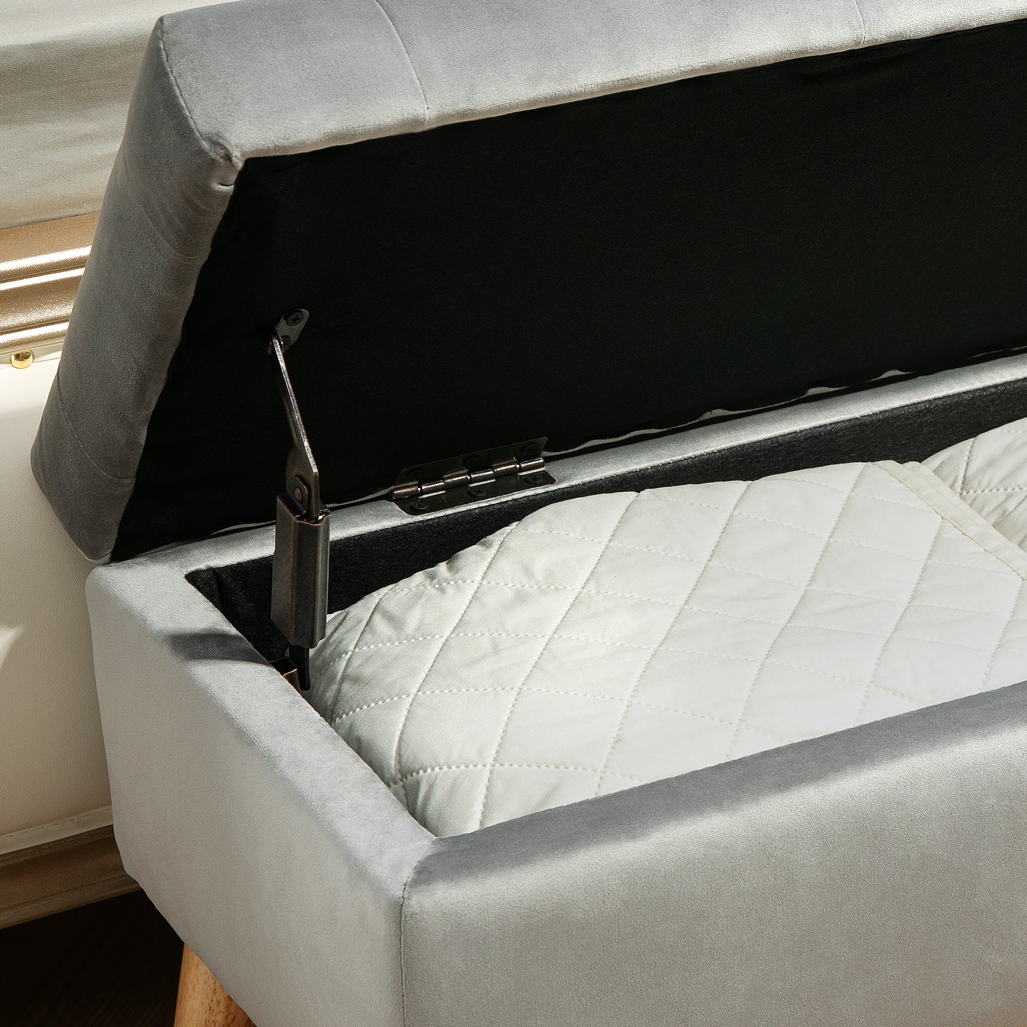 Polsterbank mit Stauraum, Stoffbezug in Samtoptik, Holzbeine, für Wohnzimmer, Schlafzimmer, Flur, 80 x 35 x 40 cm, Grau