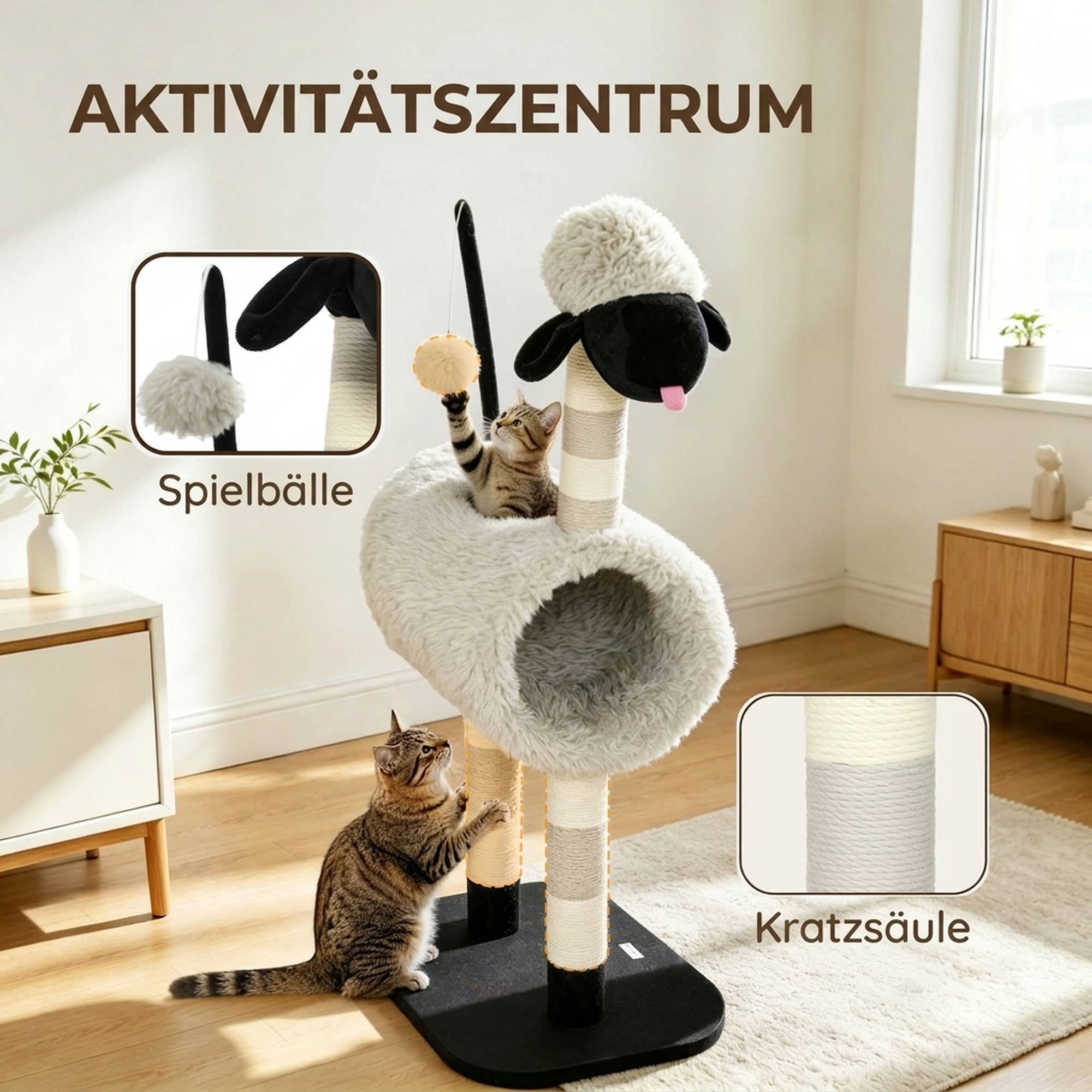Katzenbaum im Schaf-Design, mit Kratzpfosten, Tunnel und Spielzeug, 98 cm, Hellgrau