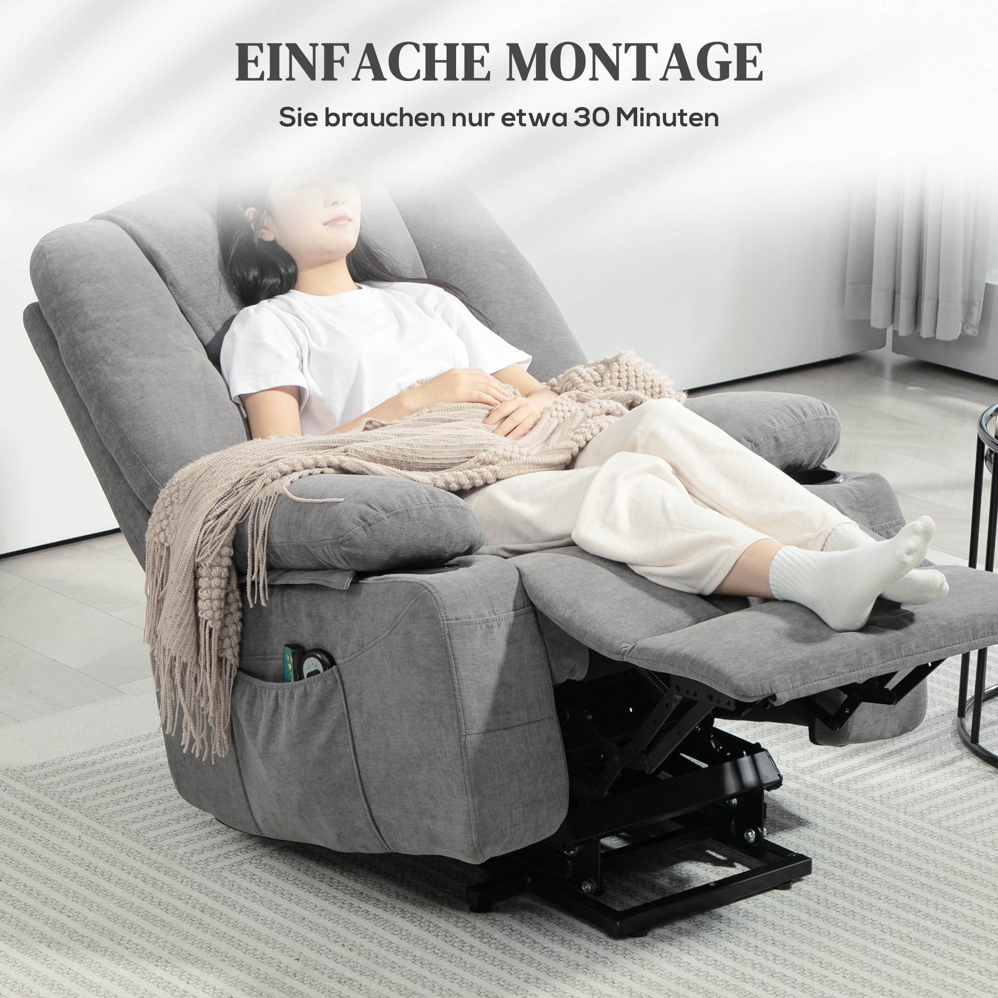 Elektrischer Relaxsessel mit Aufstehhilfe, Massagesessel mit Wärmefunktionen, 2 Fernbedienungen, weicher Schaumstoff