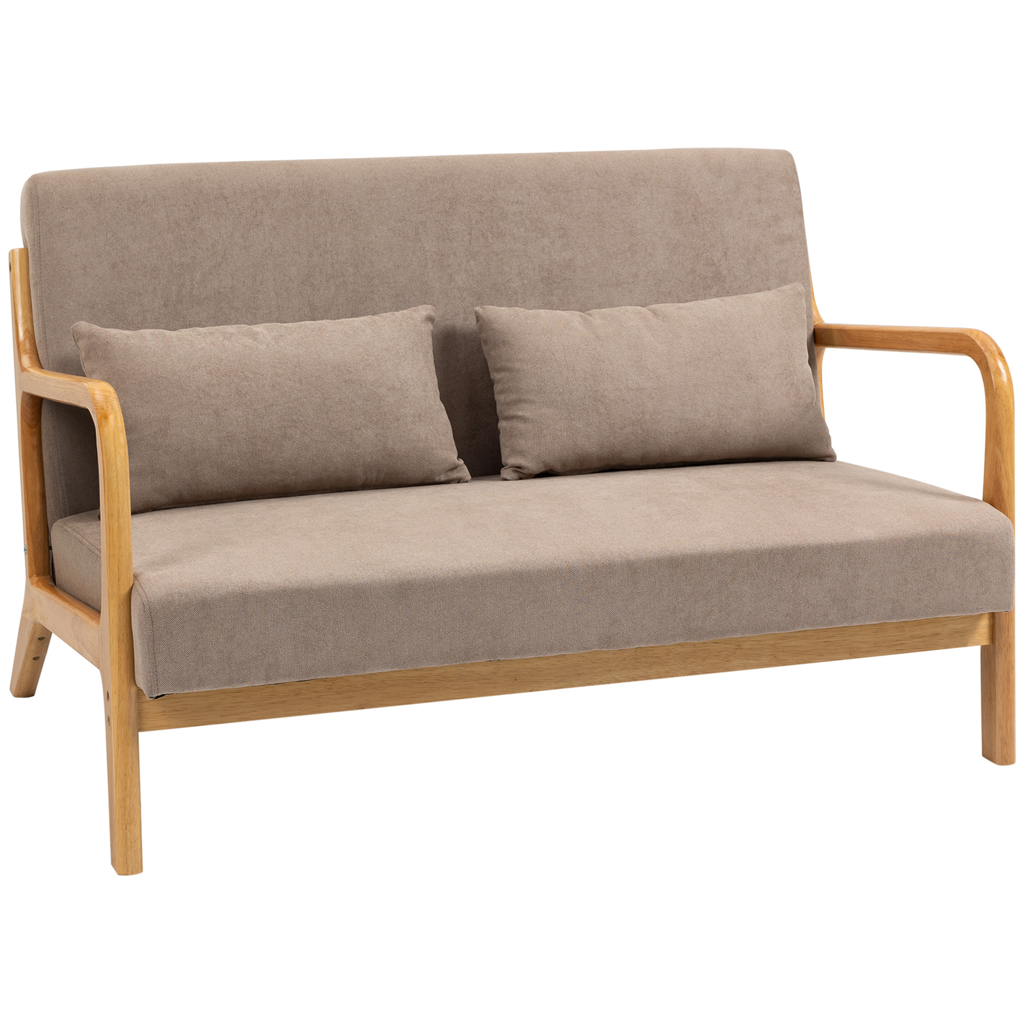 2-er Sofa, 2-Sitzer, kleines Sofa, Retrodesign, 2 Kissen, Kautschukholz, Braun + Natur