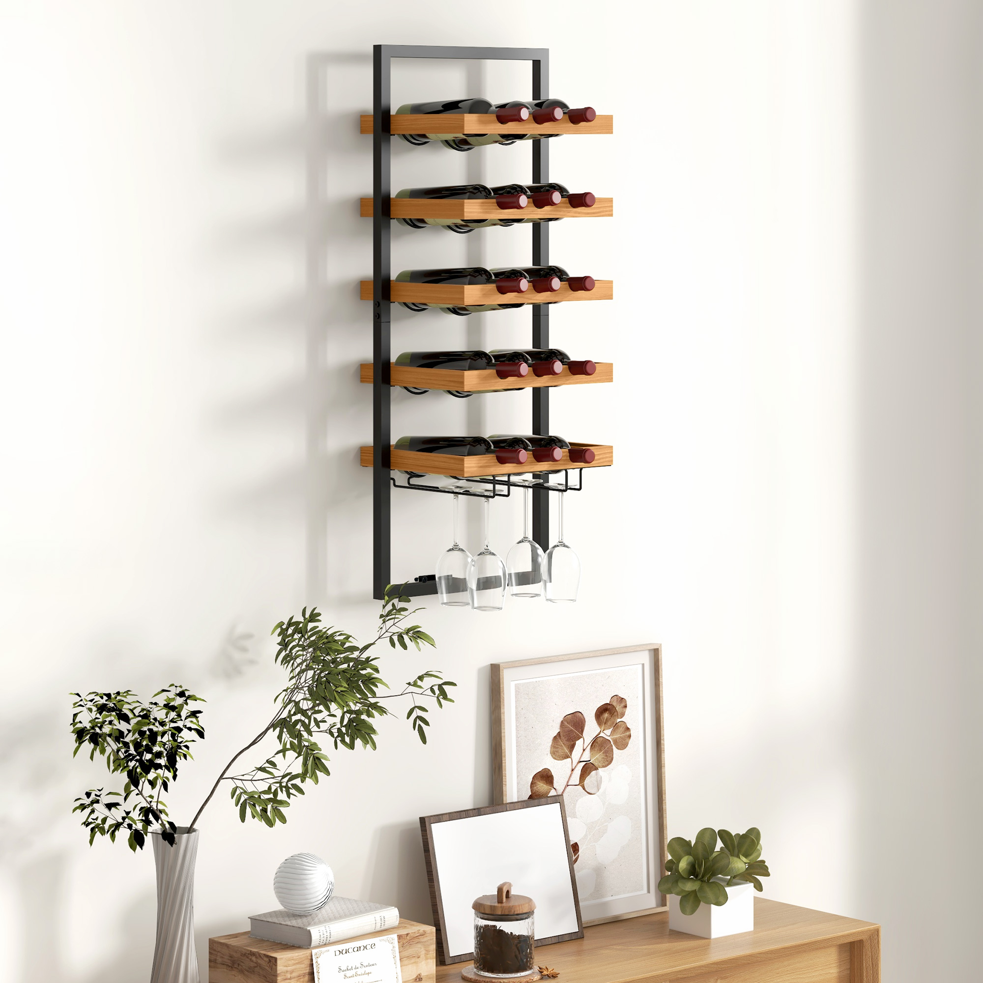 Wand-Weinregal, 5 Ebenen, Flaschenhalter, Gläserhalter, Kiefernholz, Stahl, Hausbar, Küche, Wohnzimmer, Braun