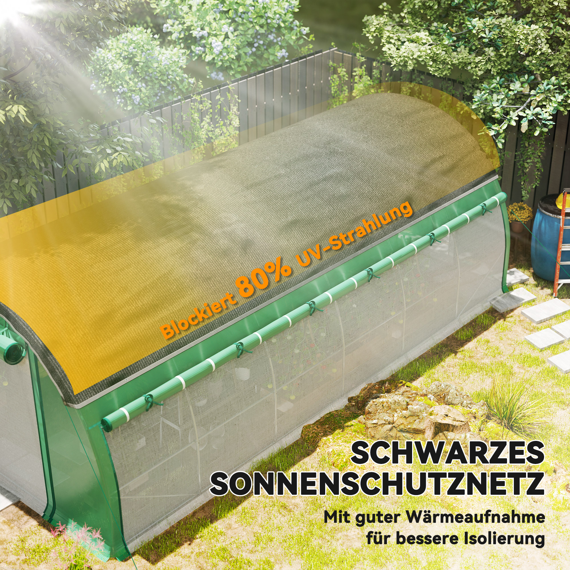 6 x 3 x 2 m Polytunnel-Gewächshaus mit Sonnenschutznetz, rollbaren Seitenwänden, Kunststoff-Abdeckung, Stahlrahmen, Grün