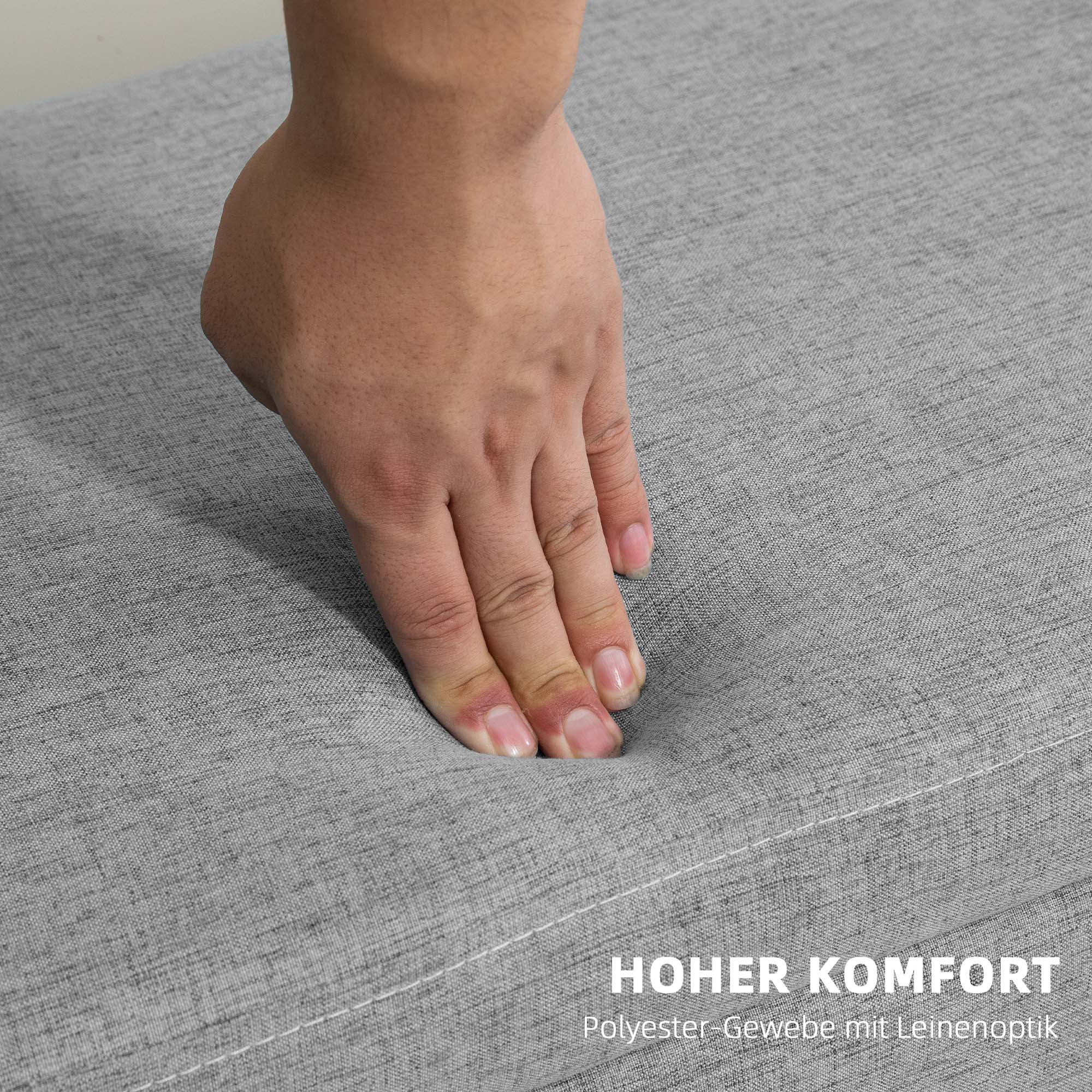 Polsterbank mit Stauraum, Bezug in Leinenoptik, Kautschukholzbeine, bis 220 kg, 110x39x45cm, Grau