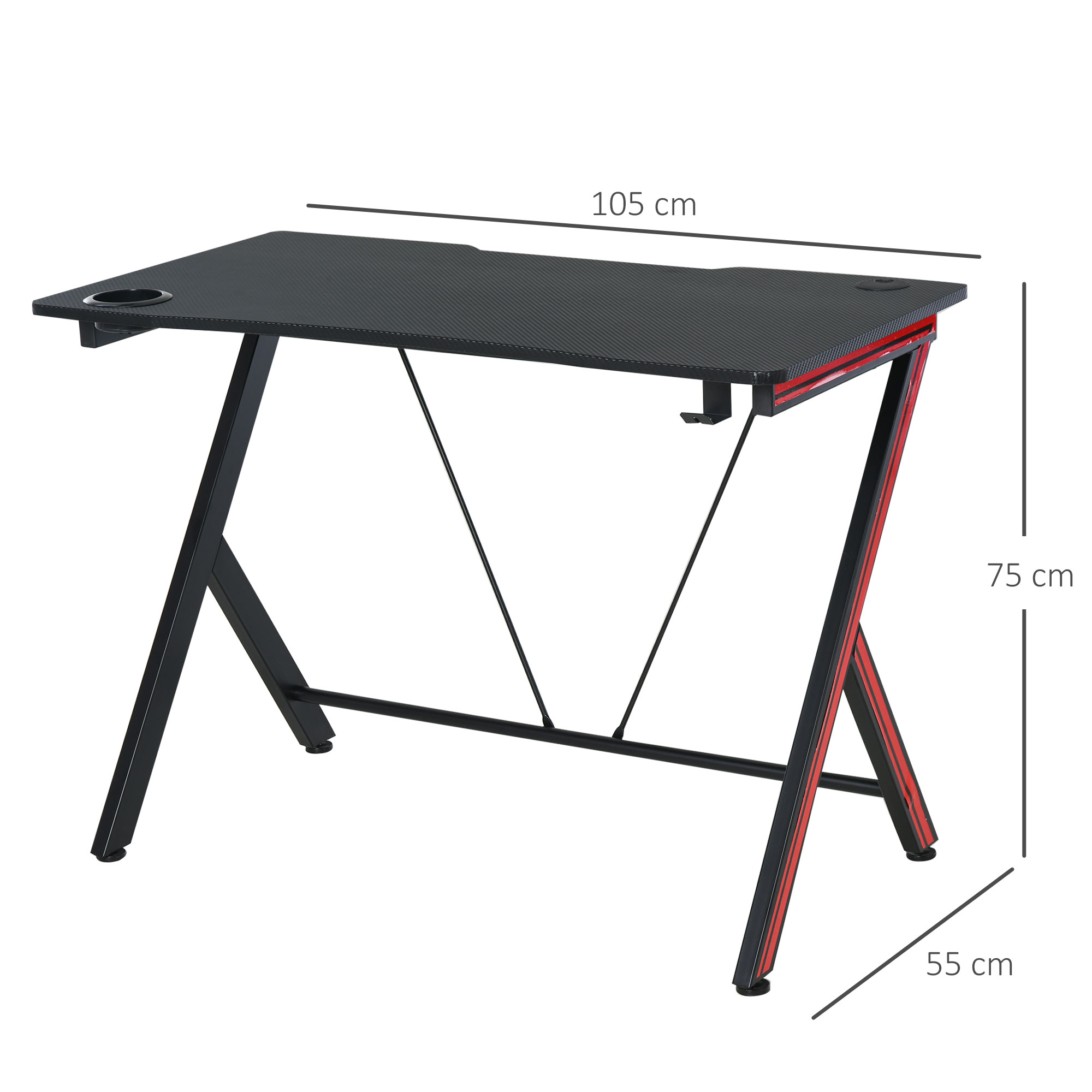 Gaming-Tisch Schreibtisch mit Kopfhörerhaken Getränkehalterung Computertisch Stahl + MDF Schwarz 105 x 55 x 75 cm
