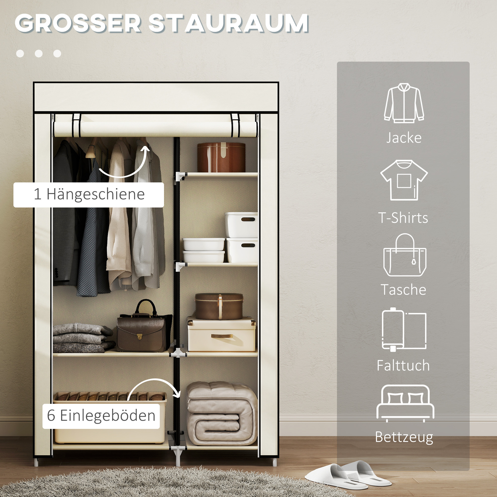 Schrank aus Stoff, Aufbewahrungslösung, 6 Regale, 1 Kleiderstange, Beige