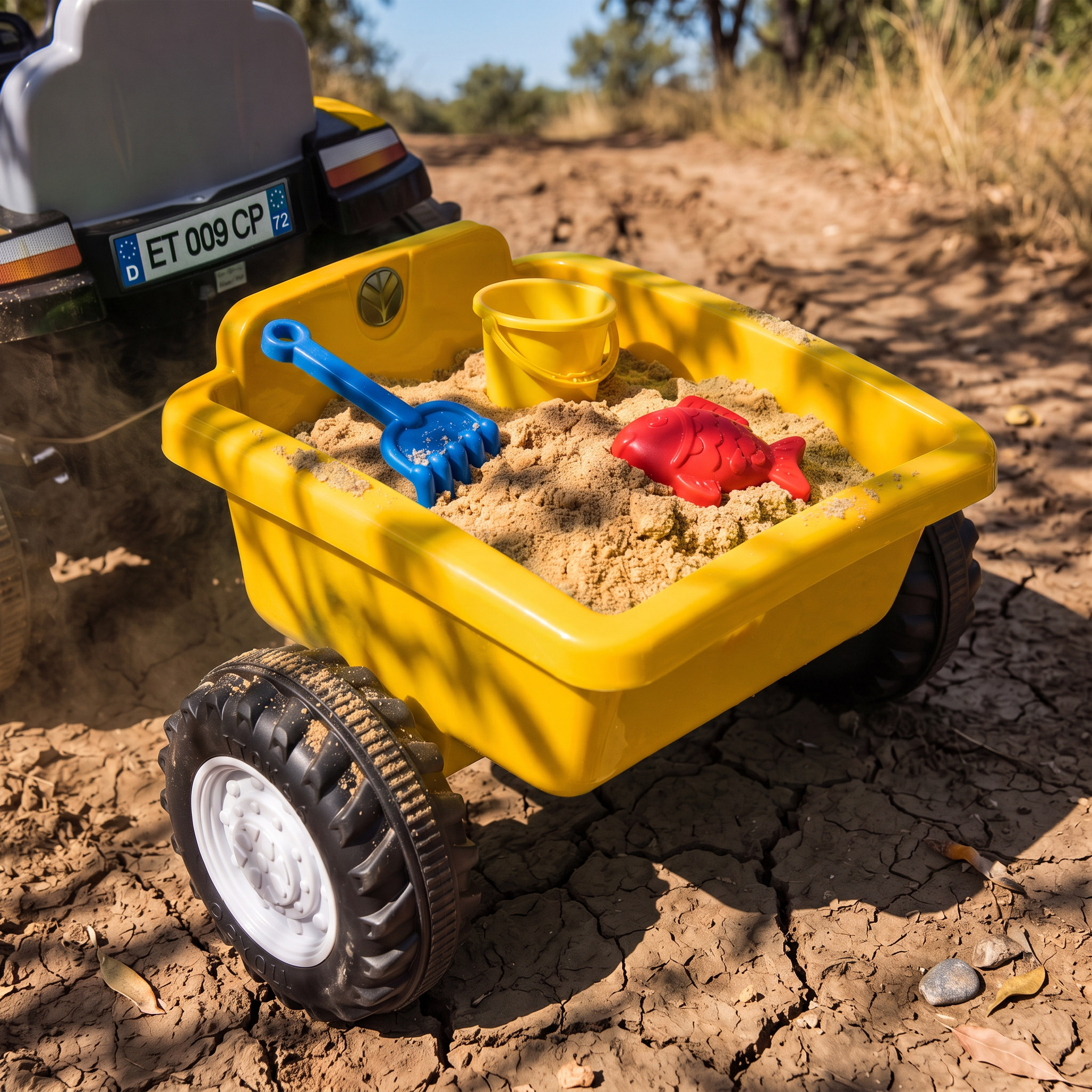 Kinder Traktor mit abnehmbar Anhänger Aufsitztraktor mit Lithium-Akku Fußpedal, Musik, Hupe Licht, Gelb