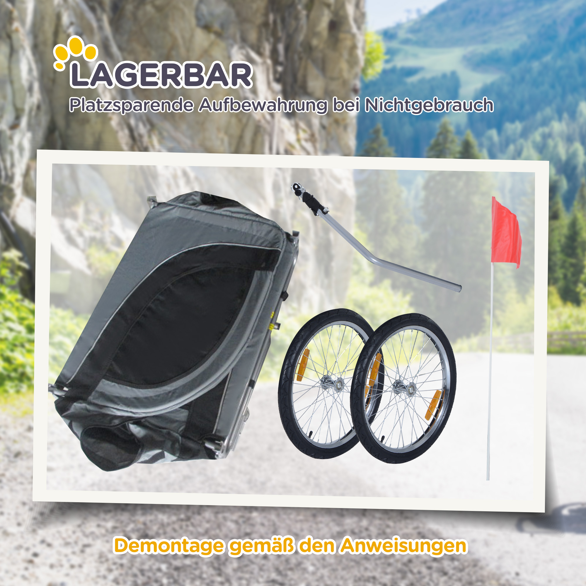 Hundeanhänger Fahrradanhänger bis 20kg klappbar mit Universalkupplung Reflektoren Flagge lagerbar Stahl+Polyster Grau+Schwarz 130 x 73 x 90cm