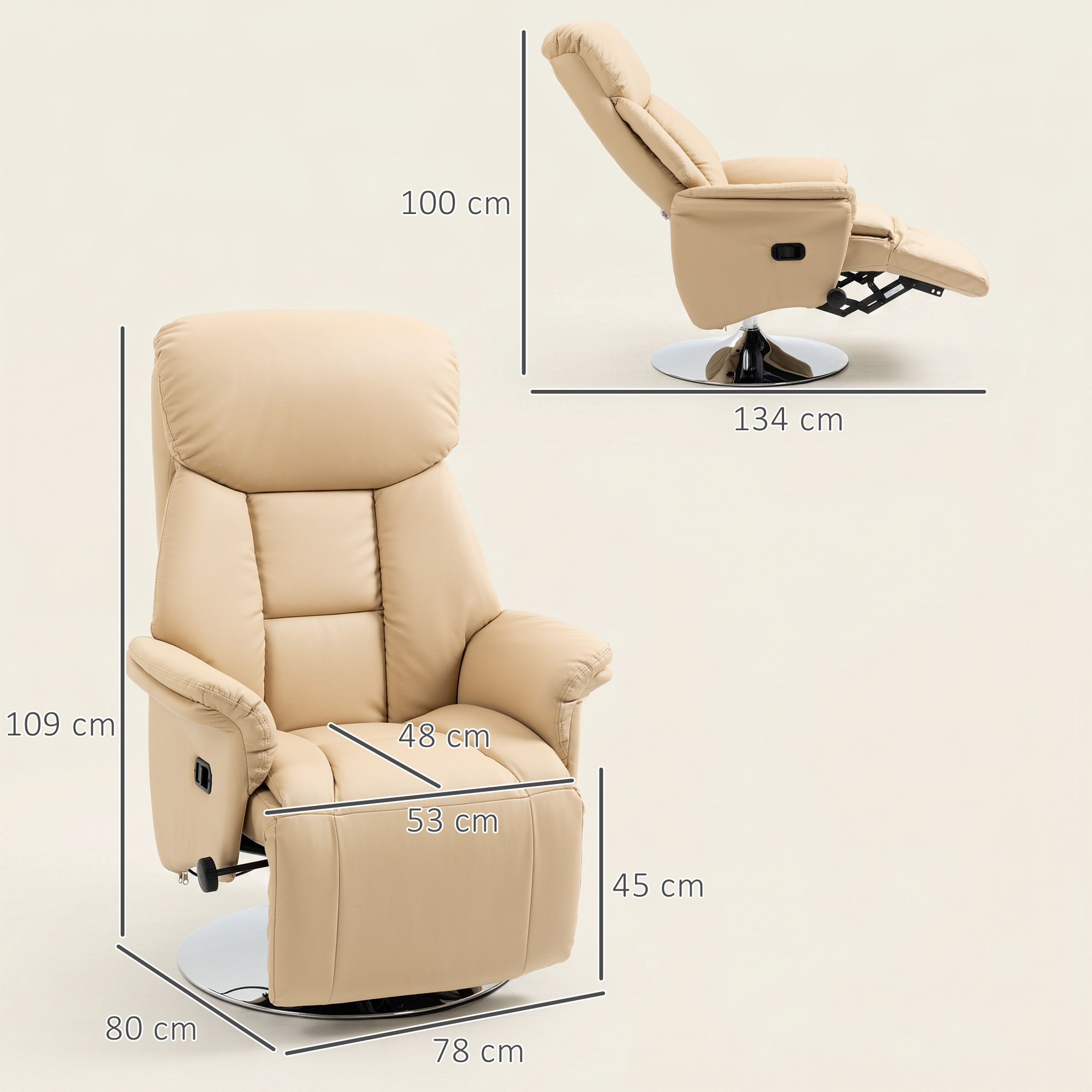 Relaxsessel, Liegefunktion, Lederoptik, Fußstütze, bis 150 kg, 78 x 80 x 109 cm, Beige