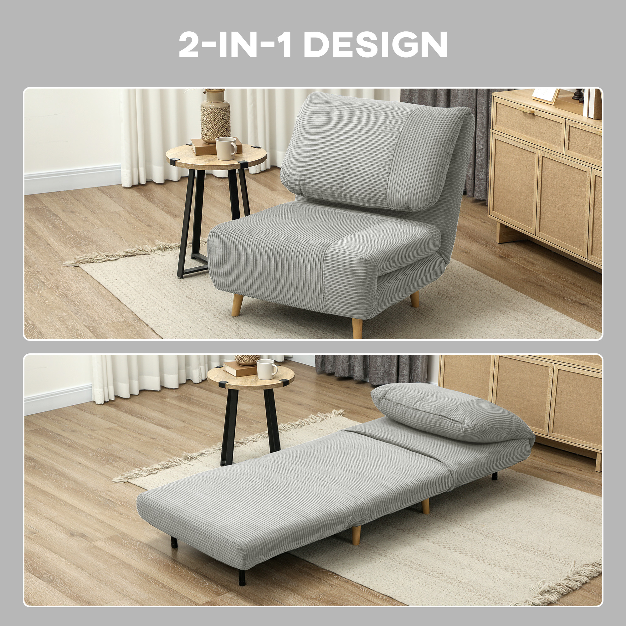2-in-1 Schlafsessel Gästebett, verstellbare  Kopfstütze Cord-Optik 82 cm x 8 cm x 83 cm Grau
