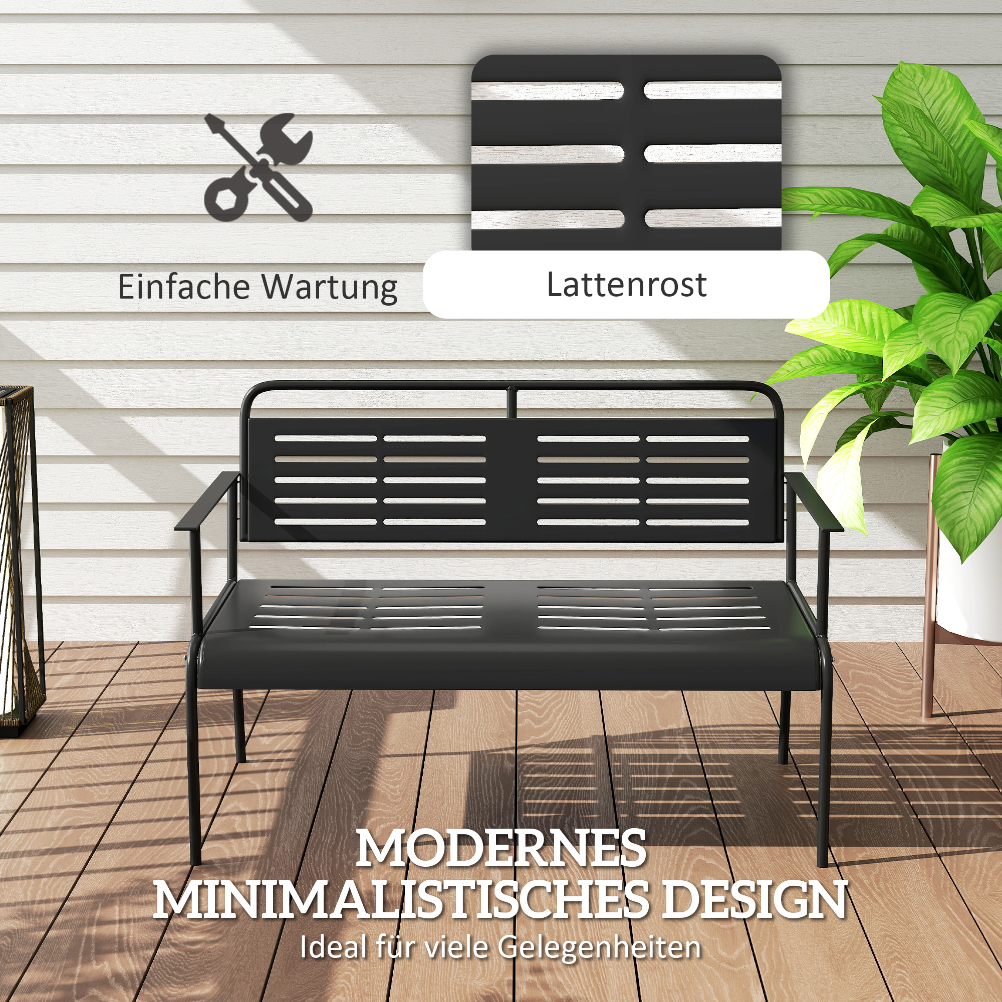 2-Sitzer Gartenbank, wetterfest Sitzbank, wasserabweisend Gartenmöbel mit Rücken- & Armlehnen 121 x 64 x 84cm, Schwarz