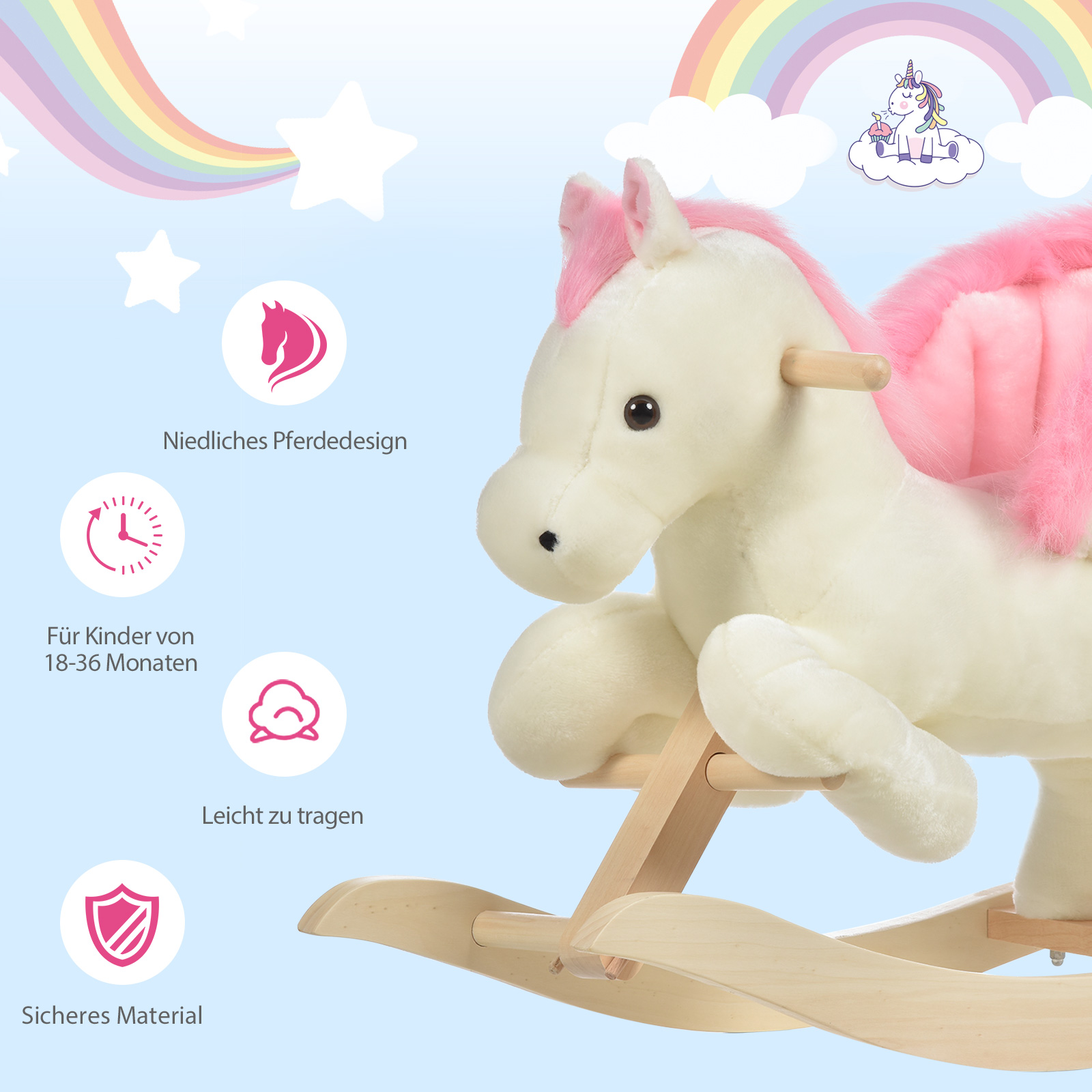Schaukelpferd Schaukeltier mit Sound Effekt, Haltegriffen, Plüsch Baby Schaukelspielzeug Schaukel Schaukelsitz für Kleinkinder 1,5-3 Monate