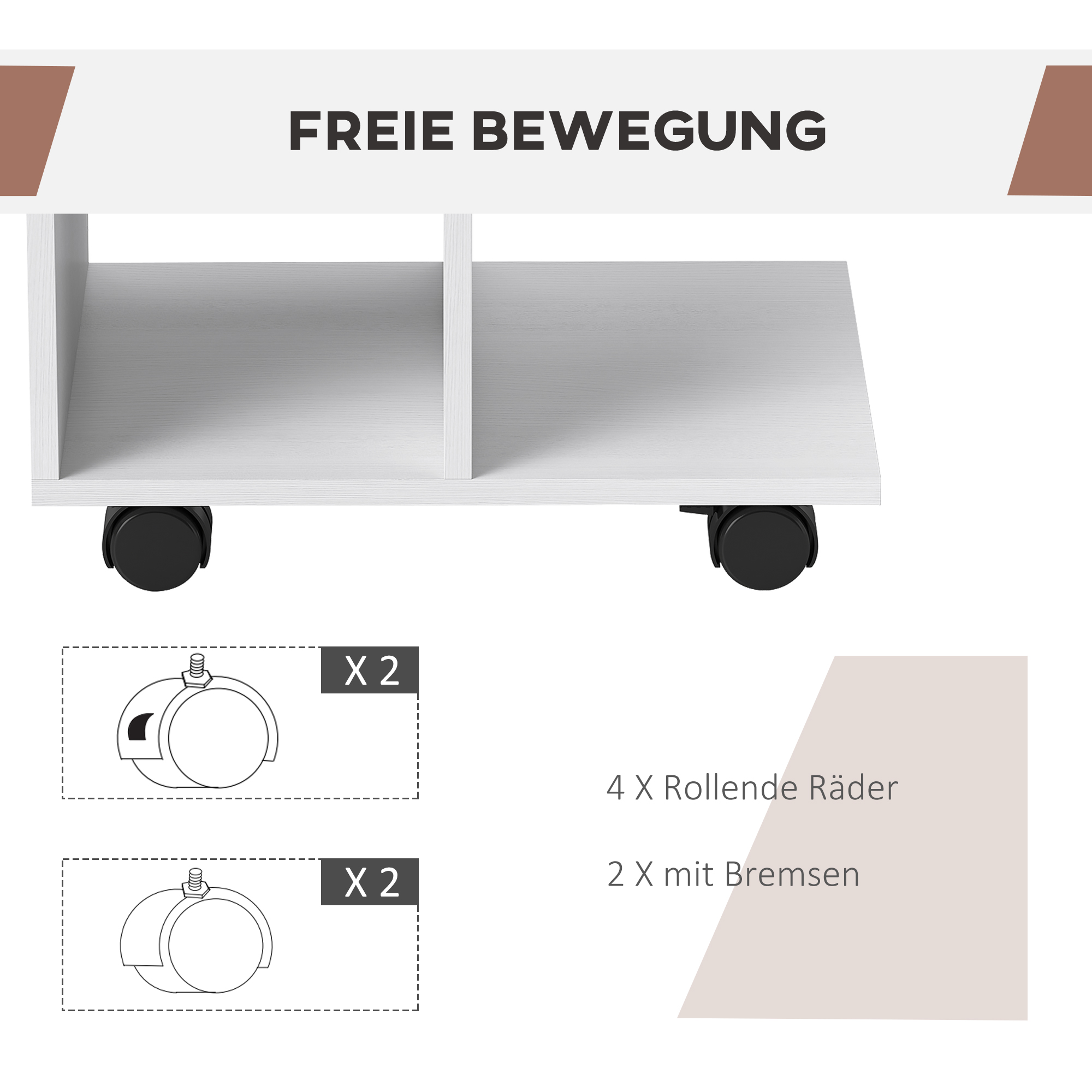 Beistelltisch in C-Form, Kaffeetisch, Couchtisch, Eckschreibtisch, mit Rollen, E1-Spanplatte, 45 x 35 x 58 cm, Weiß