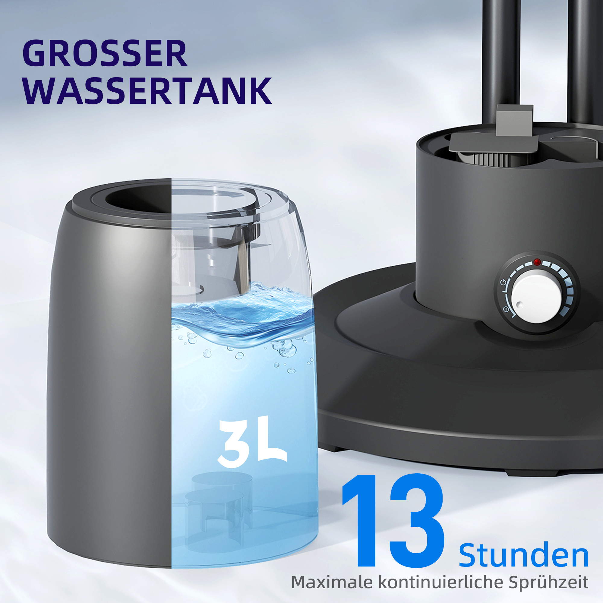 Ventilator mit Sprühnebelfunktion, 3 Liter-Tank, 75 Grad drehbar, 3 Geschwindigkeiten, rollbar, 125 cm, Schwarz