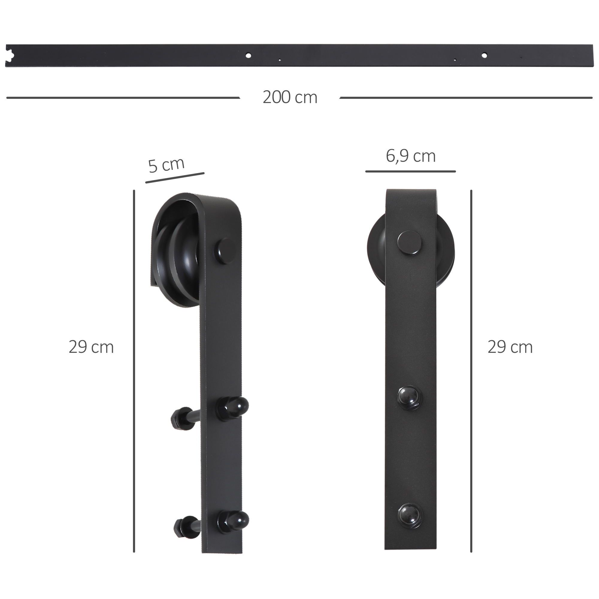 Gleitschienen-Bausatz für Schiebetür, bis 90 kg, Kohlenstoffstahl, 200 cm, Schwarz, inkl. Werkzeuge