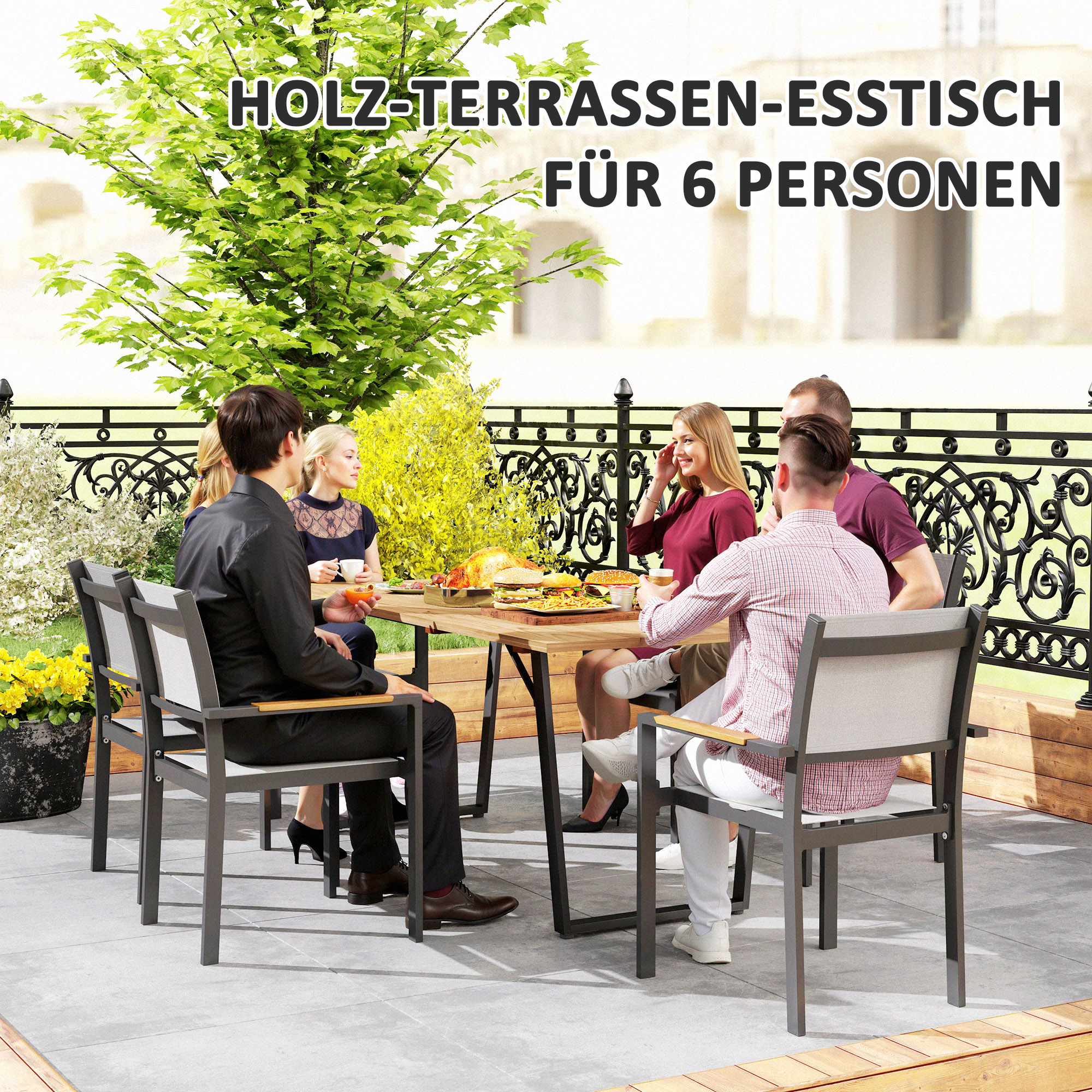 Gartentisch Holz 175x80 cm Wetterfest Balkontisch mit Schirmloch Buffettisch für 6 Personen Braun