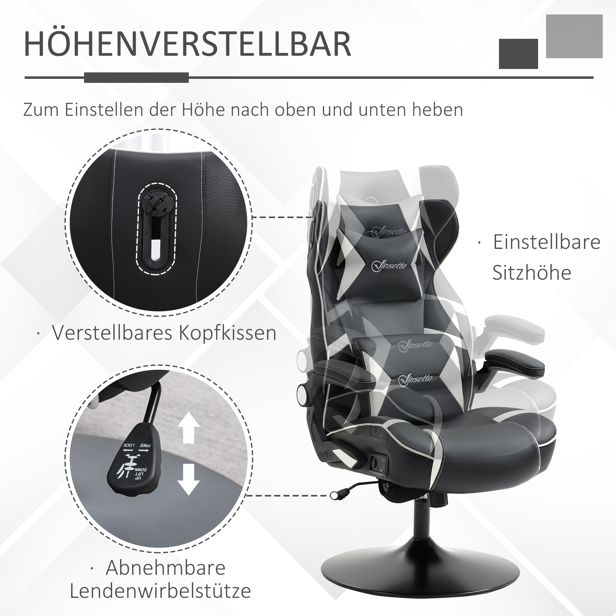 Gamingsessel, Gamingstuhl, integrierte Lautsprecher, neigbare Rücklehne, schwarz+weiß, 69 x 73 x 118cm
