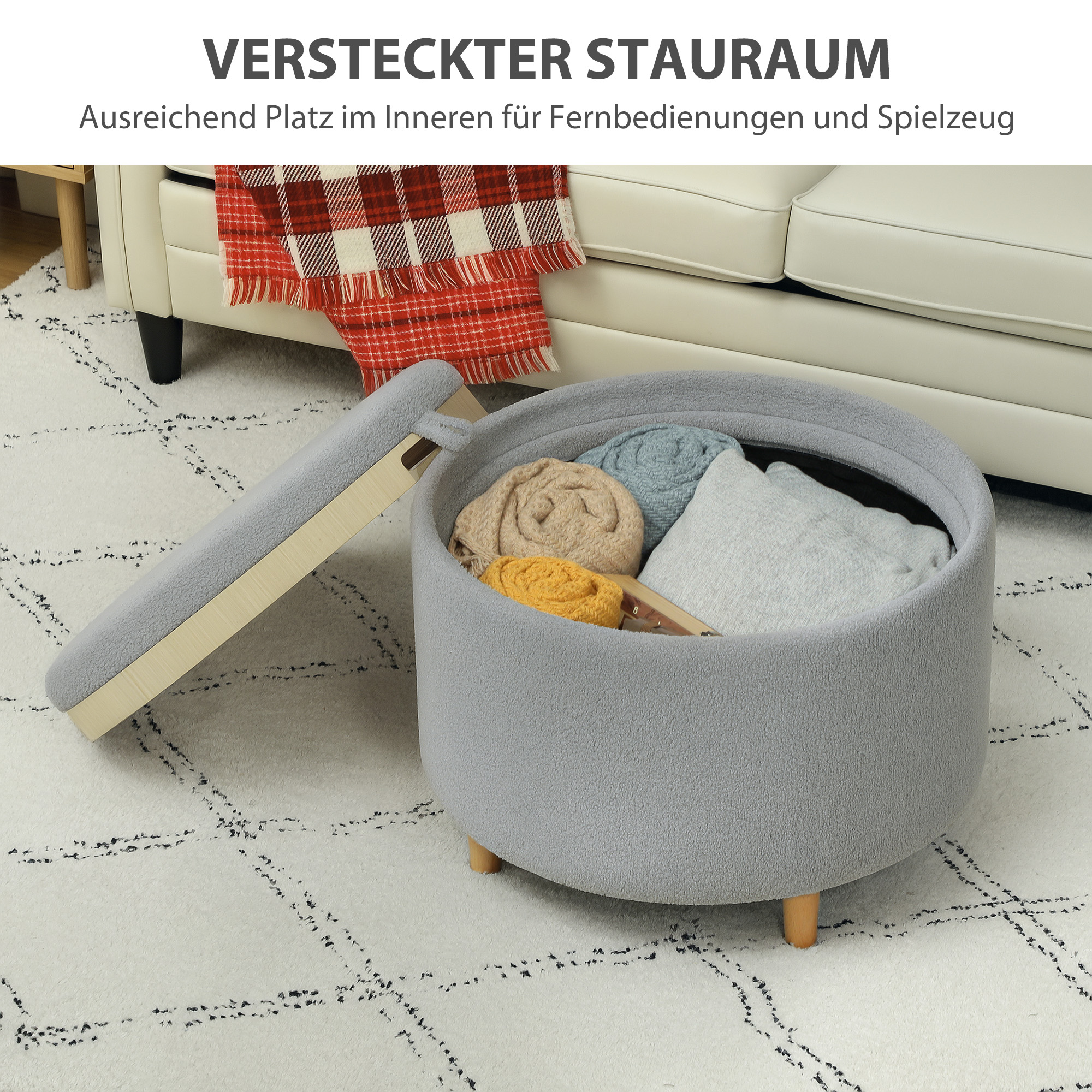 Hocker Polsterhocker, Teddyfleece, versteckter Stauraum, umkehrbarer Deckel, 56 cm x 56 cm x 42 cm, Grau