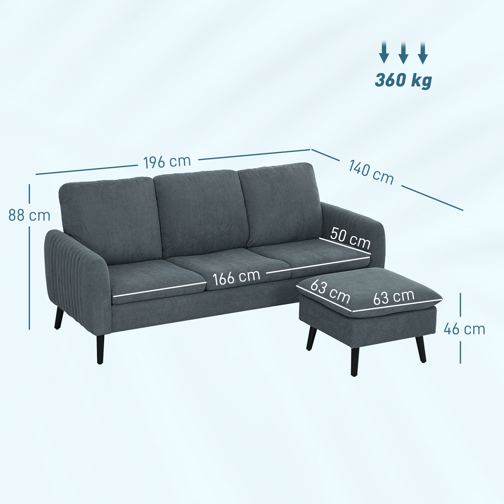 Ecksofa, 3-Sitzer-Sofa mit Fußhocker, Stoffbezug, L-förmiges Couch-Set, Dunkelgrau