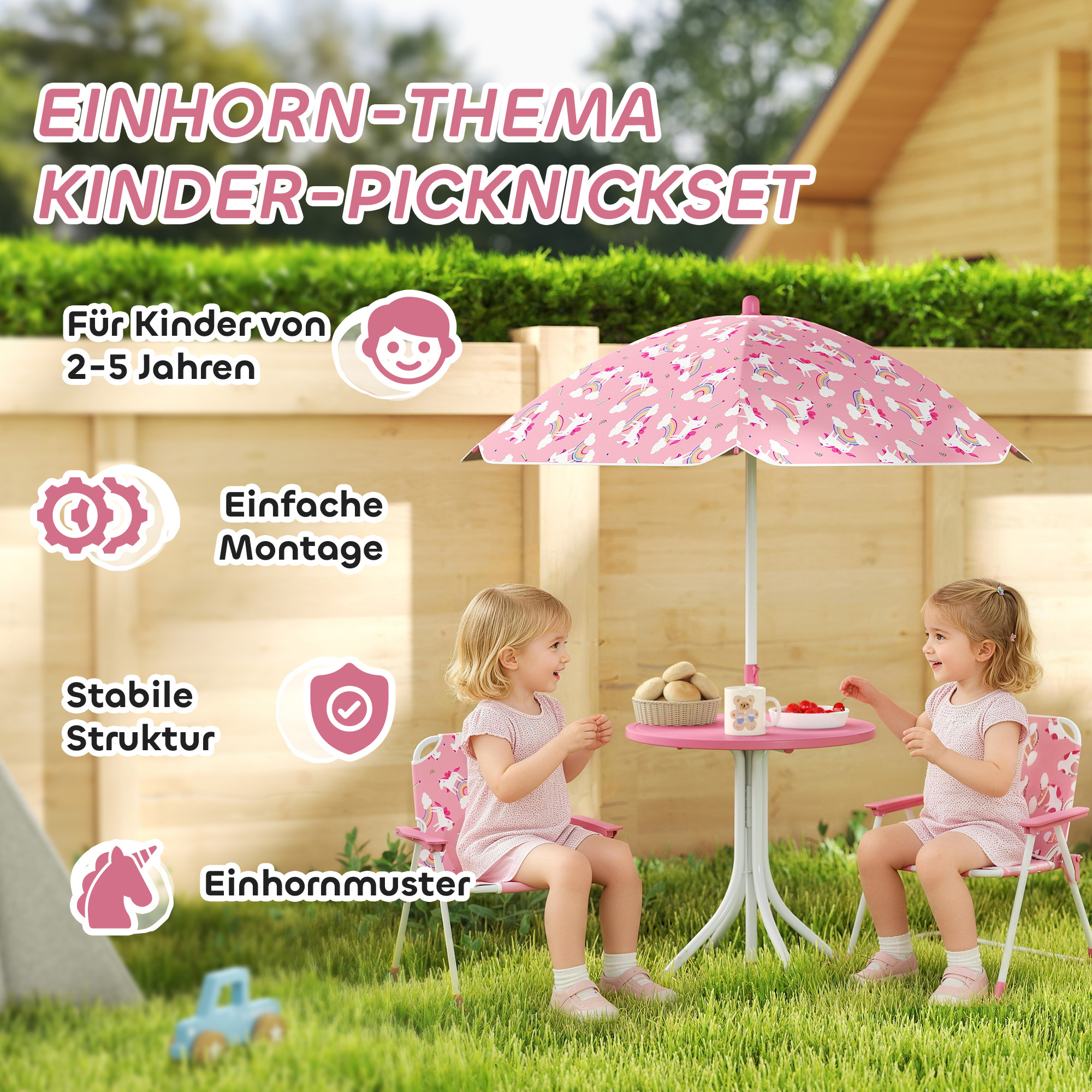 Kindersitzgruppe, 4 teilige Kindersitzgarnitur mit abnehmbarem Sonnenschirm, Kindertisch mit 2 Klappstühlen, Rosa
