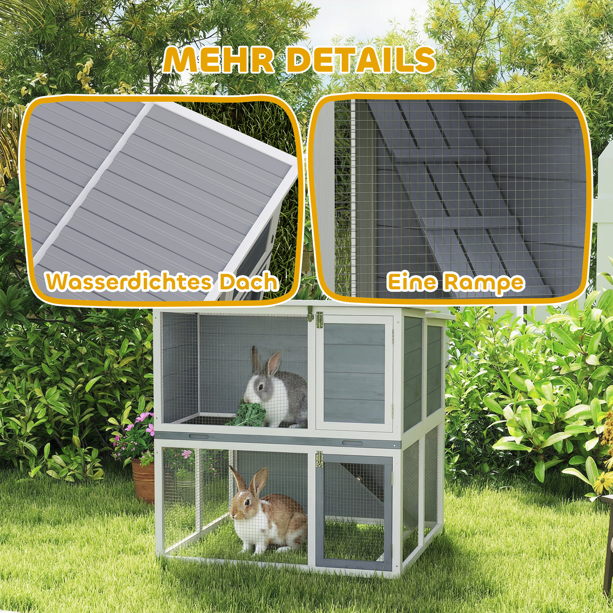 Hasenstall 2 Etagen Kaninchenstall aus Holz mit wetterfest aufklappbar Dach, Freilaufgehege, Rampe, 98x95x102,5 cm Grau
