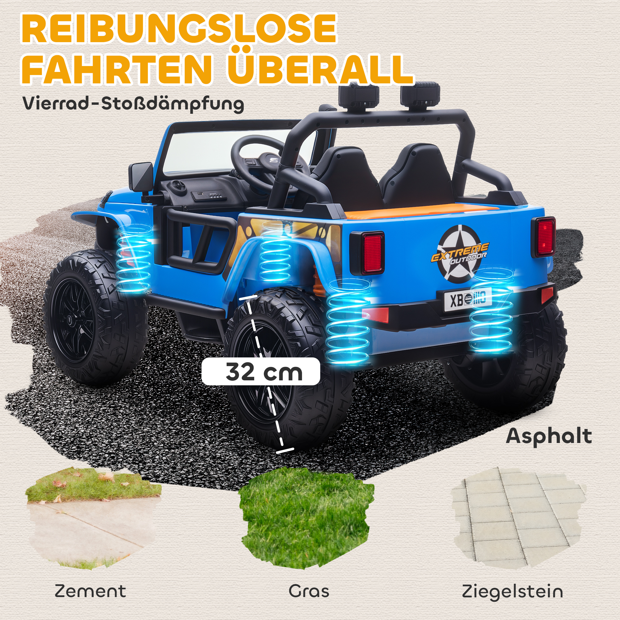 Elektrofahrzeug für Kinder, 12V Batterie, mit Eltern-Kind-Sitz, fernsteuerbar, Musik, Hupe, LED-Lichter, 3-8 Jahre, Blau