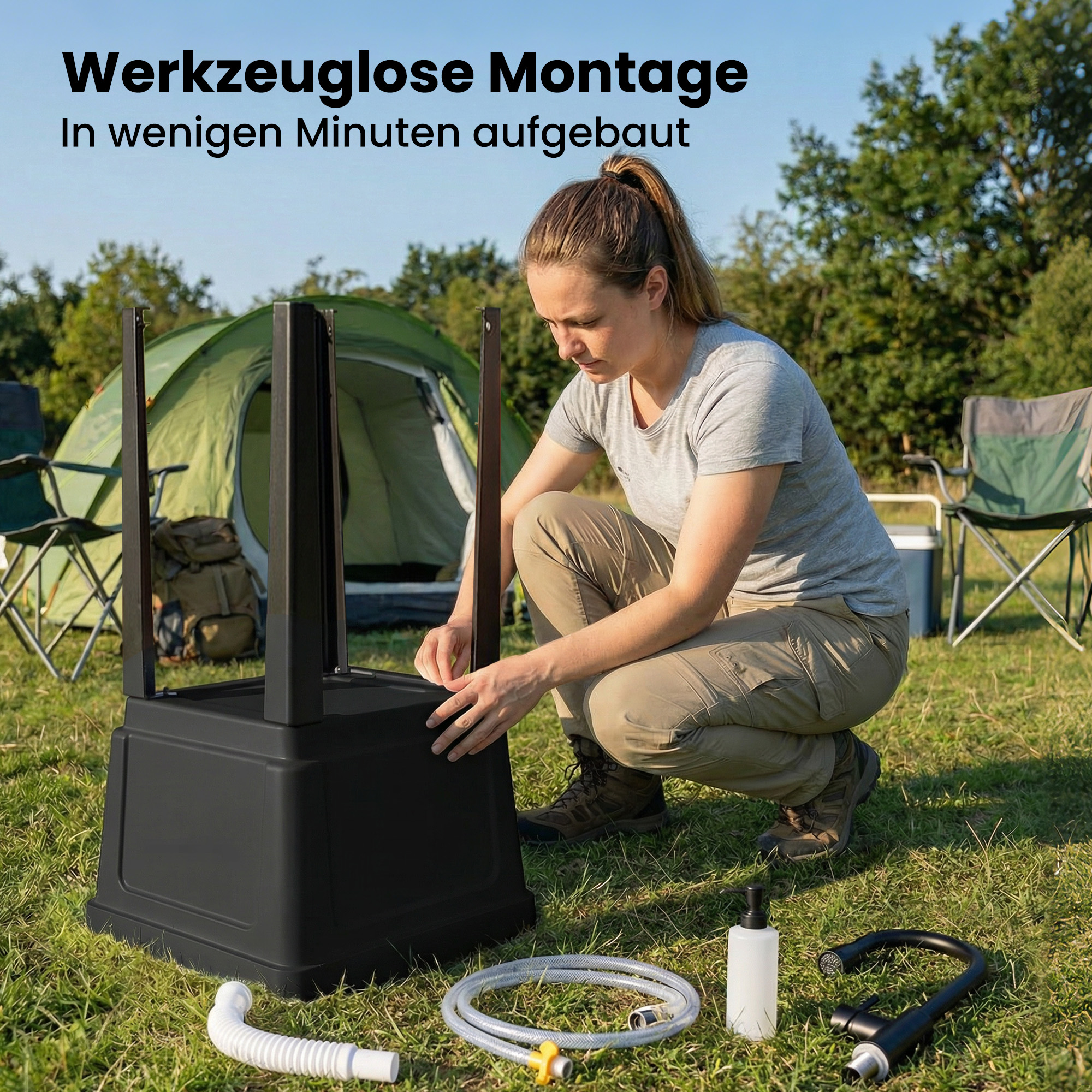 tragbares Camping-Waschbecken mit Seifenspender, Wasserhahn, Einlass- und Ablaufschläuchen, Schwarz