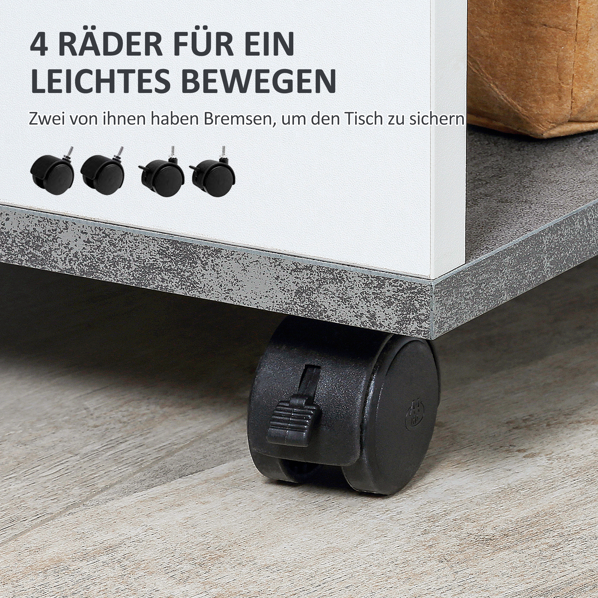 Nachtschrank, mit 4 Rollen, 3 Regale, 35 x 29,5 x 65,5 cm, Grau/Weiß