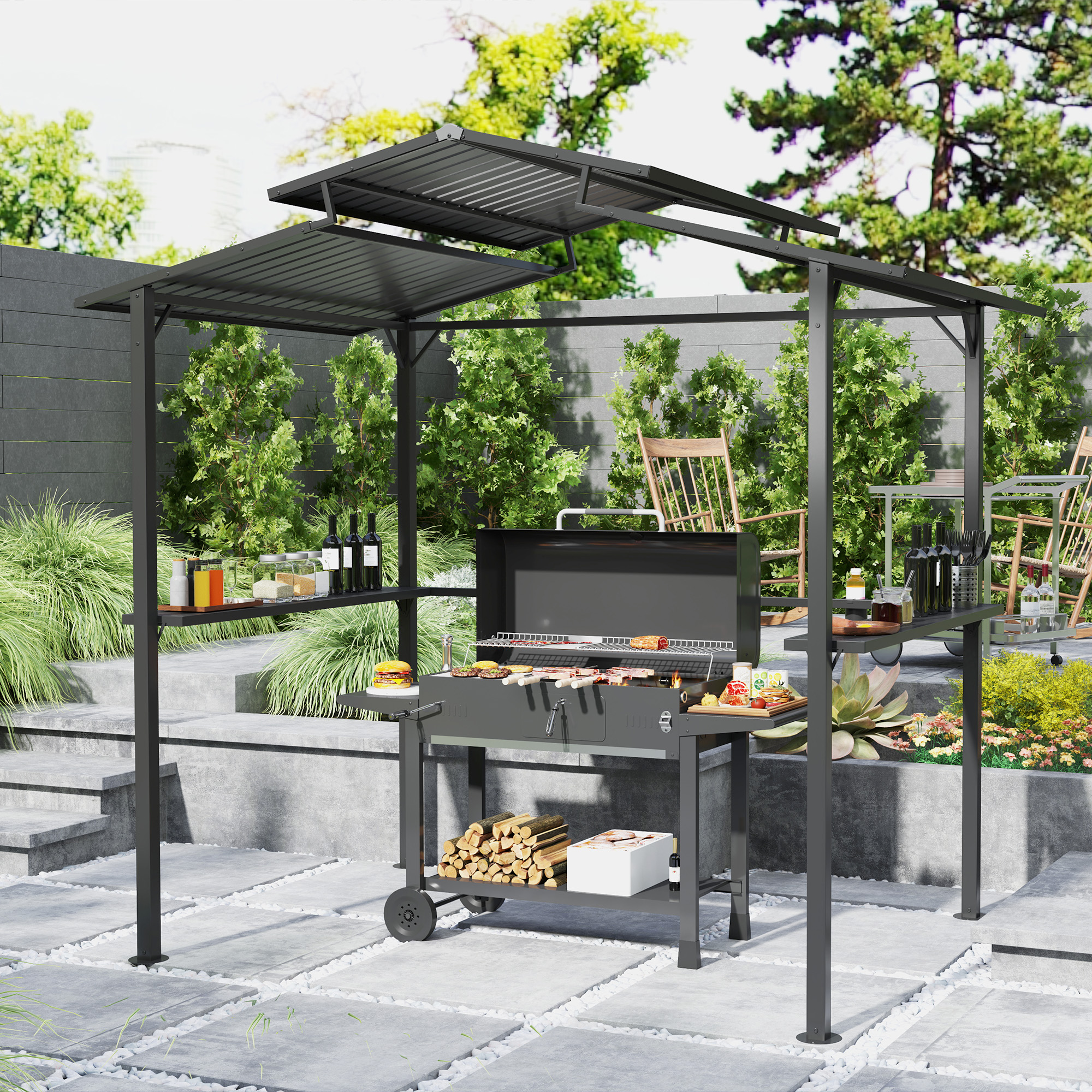 Grillpavillon 250 x 160 x 250 cm wasserdicht Gartenpavillon mit Doppelschichtdach, Seitenregalen Schwarz